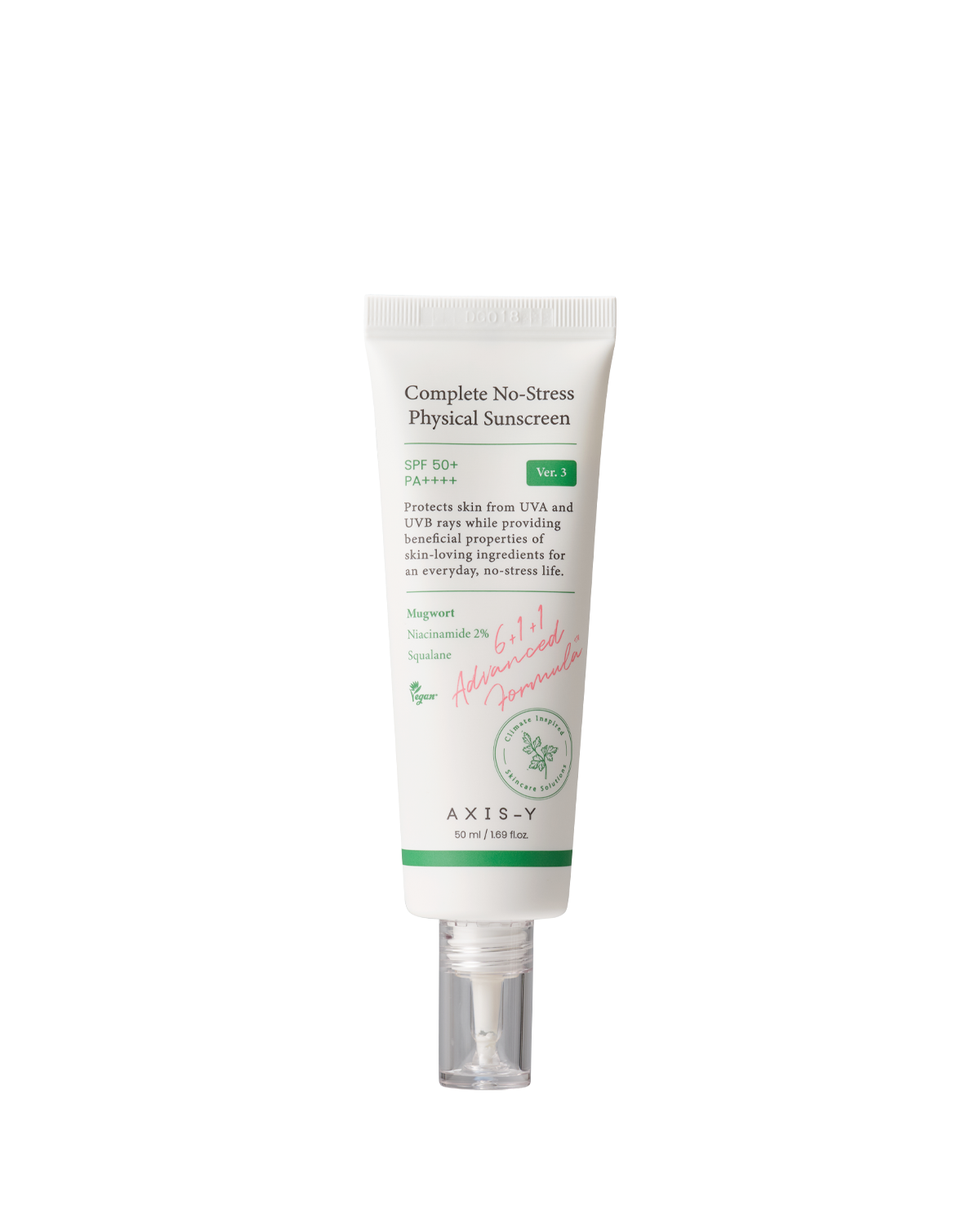 AXIS-Y Complete No-Stress Physical Sunscreen V.3 50ml in white and green packaging