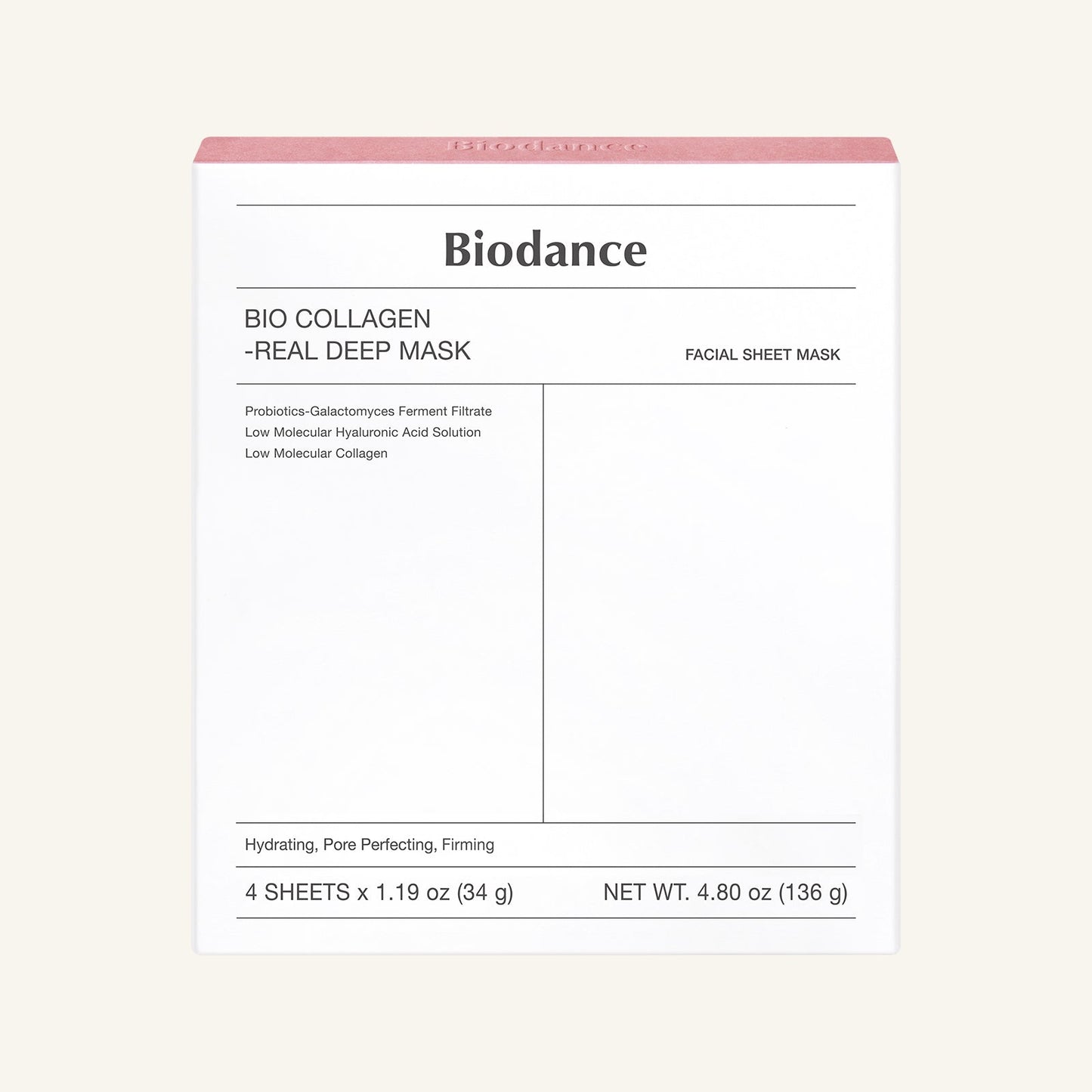Biodance Bio Collagen Real Deep Mask box with four hydrogel sheet masks in blue packaging
