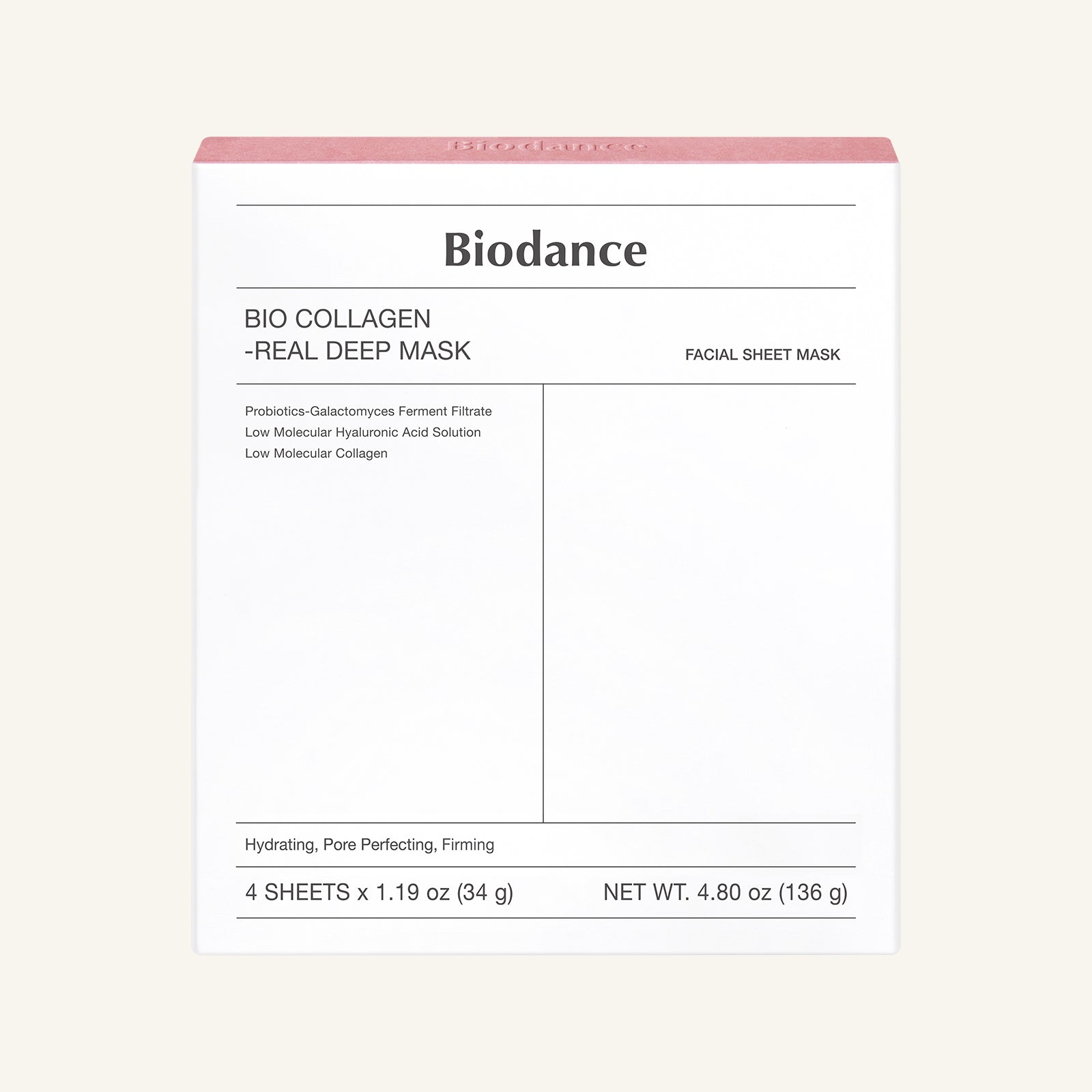 Biodance Bio Collagen Real Deep Mask box with four hydrogel sheet masks in blue packaging