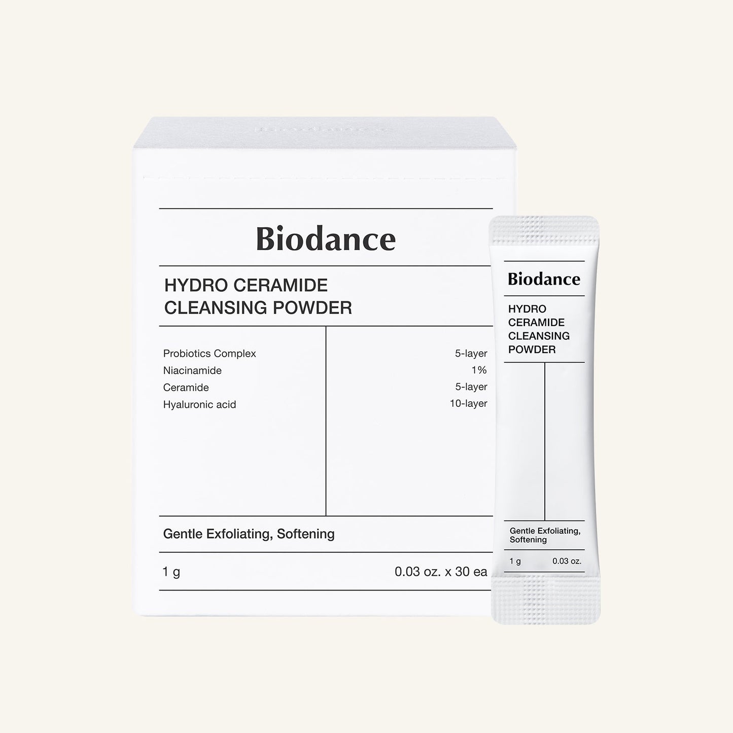 Biodance Hydro Ceramide Cleansing Powder single‑use sachets arranged neatly