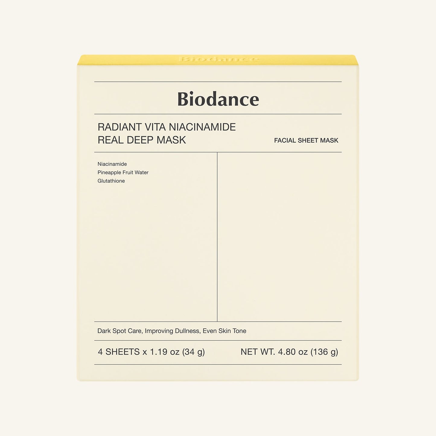 Biodance Radiant Vita Niacinamide Real Deep Mask 4-sheet pack with orange hydrogel design