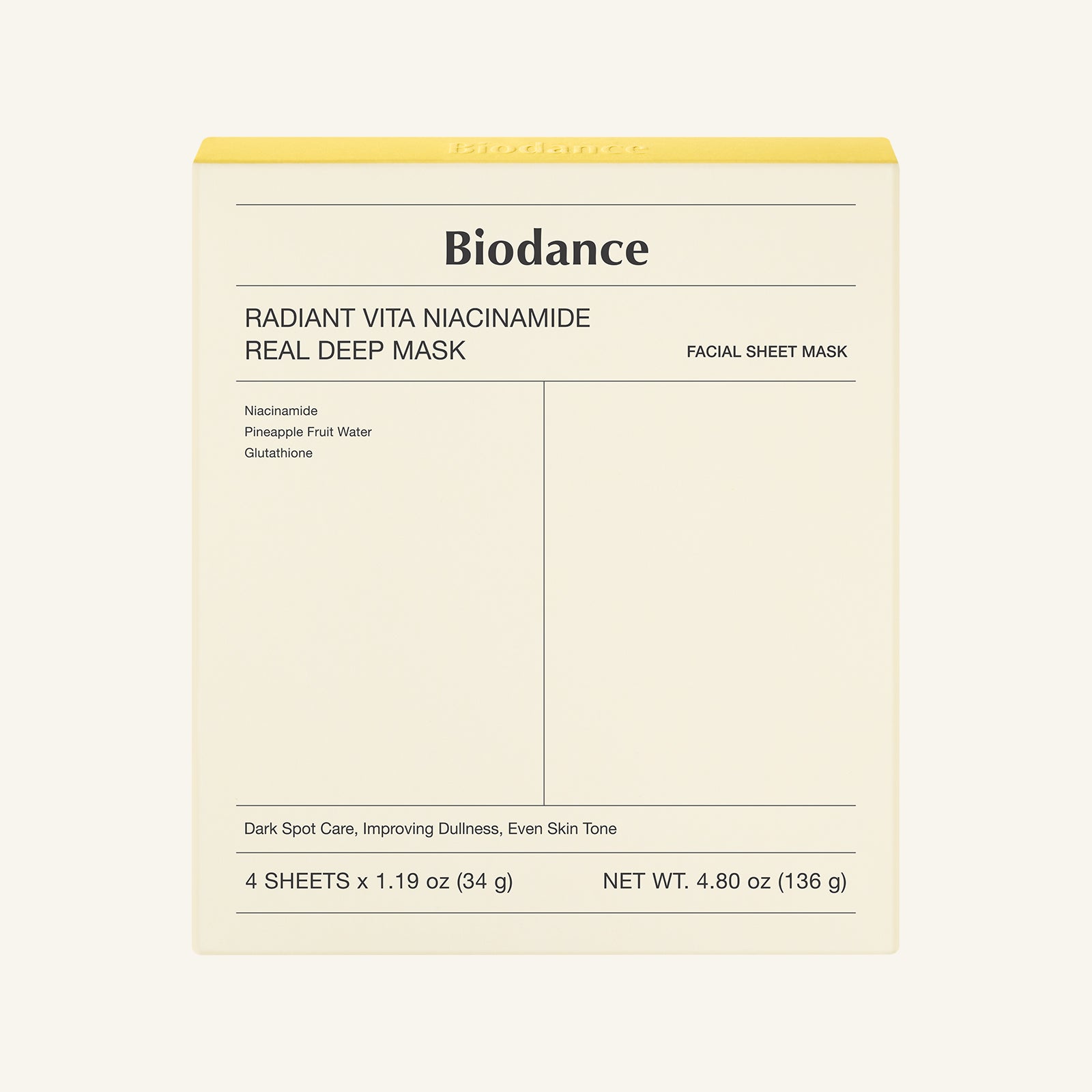 Biodance Radiant Vita Niacinamide Real Deep Mask 4-sheet pack with orange hydrogel design