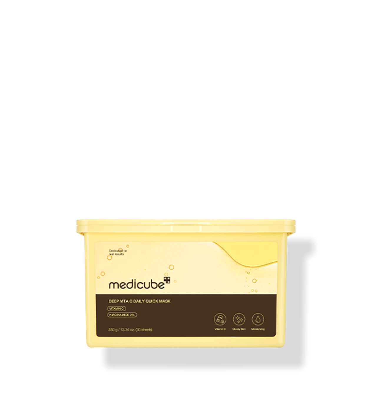 Medicube Deep Vita C Daily Quick Mask pack with sheet mask lifted out showing thin lightweight cellulose mask