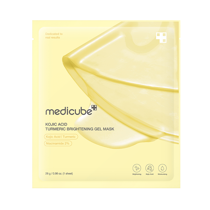 Medicube Kojic Acid Turmeric Brightening Gel Mask packaging and gel mask sheet over skin showing yellow gel color