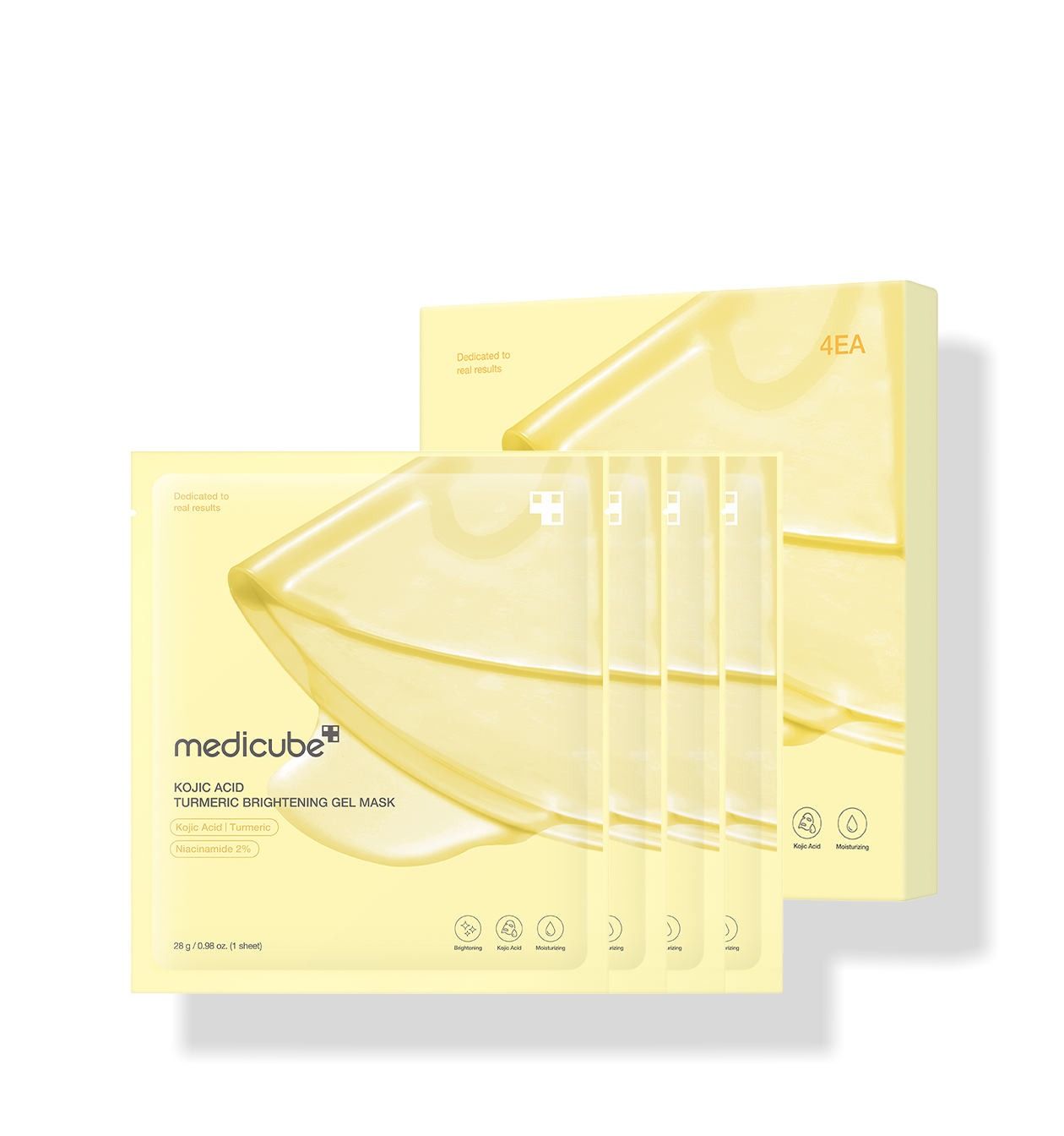 Medicube Kojic Acid Turmeric Brightening Gel Mask packaging and gel mask sheet over skin showing yellow gel color