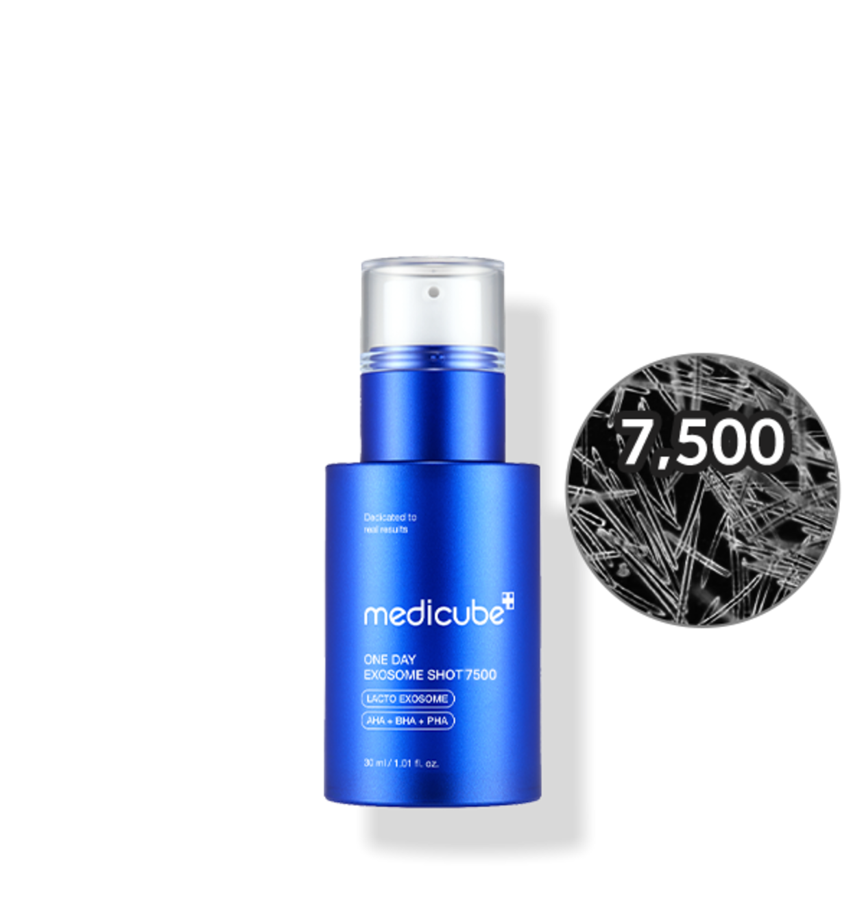 Medicube One Day Exosome Shot Pore Ampoule 7500 bottle with dropper displaying serum droplets