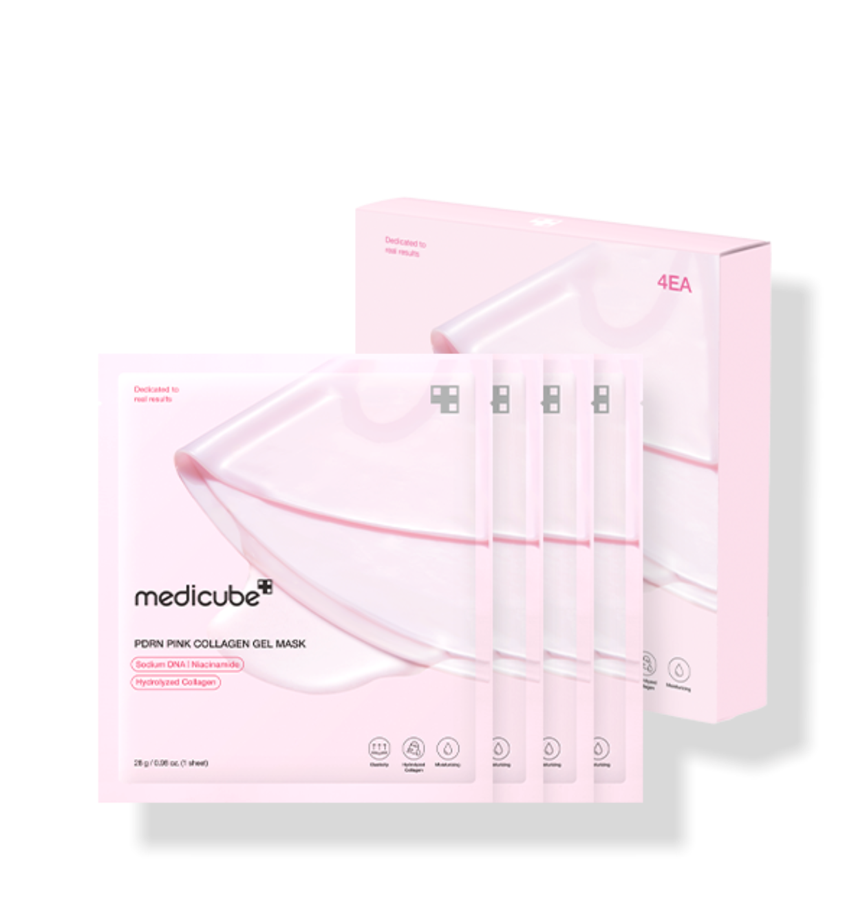 Medicube PDRN Pink Collagen Gel Mask sheet in pink jelly texture transitioning to transparent showing elasticity and hydration effect