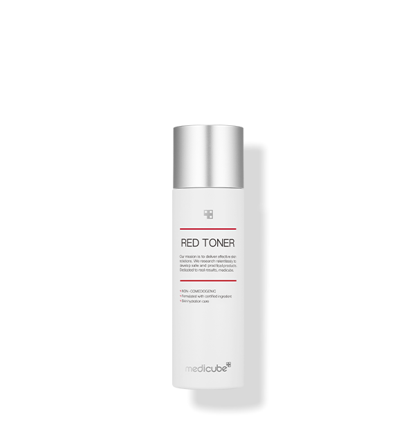 Medicube Red Toner 2.0 bottle with red-themed label, representing gentle acne-calming toner
