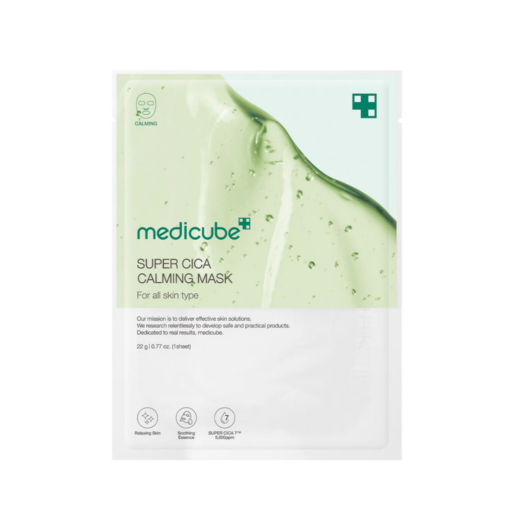 Medicube Super Cica Calming Mask packet with soothing centella visuals and green tone