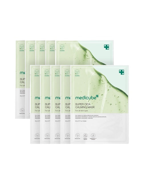 Medicube Super Cica Calming Mask packet with soothing centella visuals and green tone