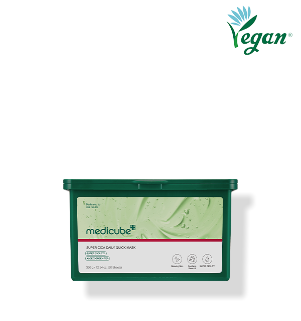 Medicube Super Cica Daily Quick Mask jar and a sheet mask showing centella visuals and cooling effect