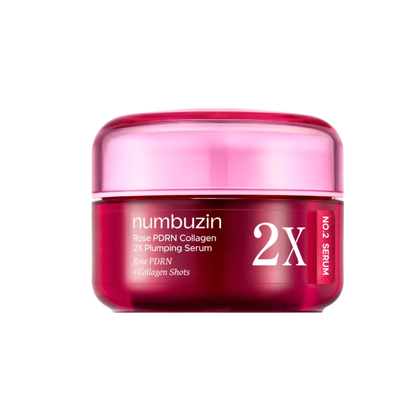 Bottle of Numbuzin No.2 Rose PDRN Collagen 2X Plumping Serum with pink jelly-like serum texture