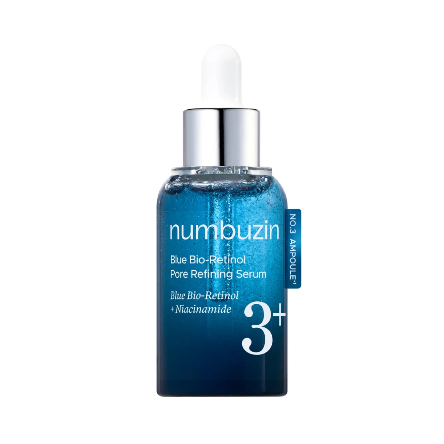 Bottle of Numbuzin No.3 Blue Bio-Retinol Pore Refining Serum with a clear blue-tinted serum dropper on a minimal background