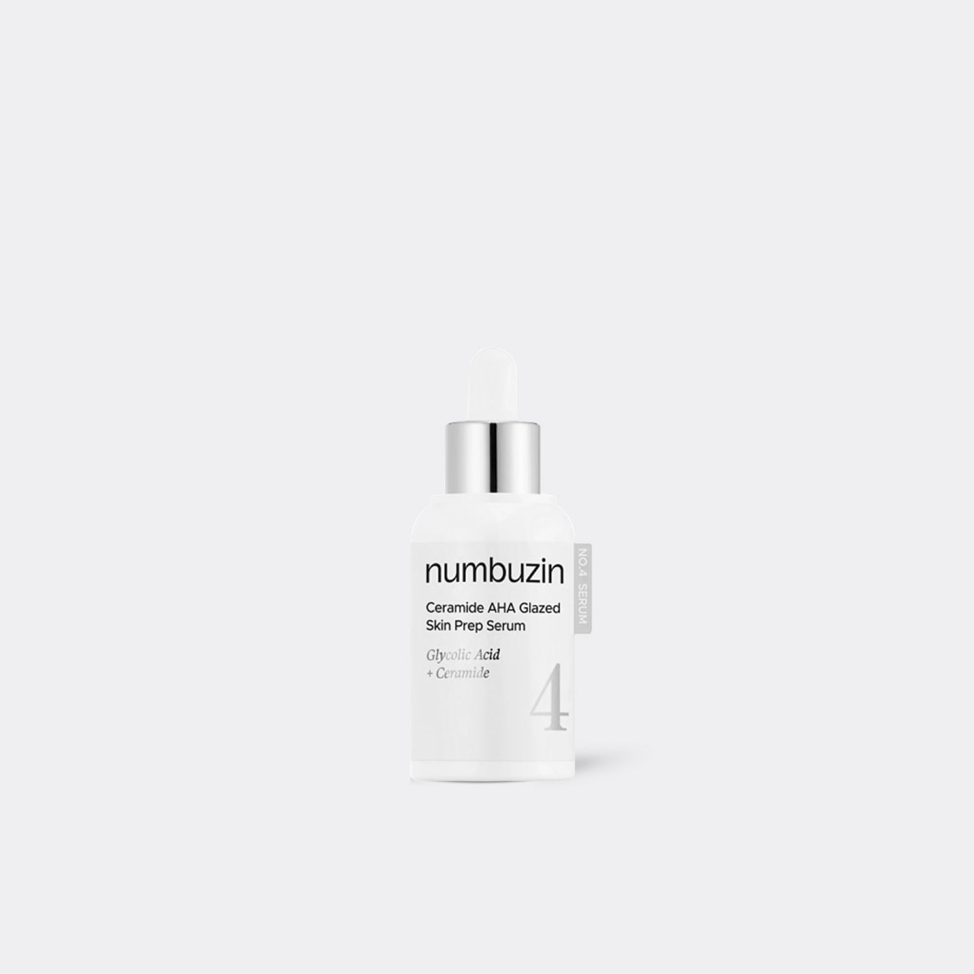 Bottle of Numbuzin No.4 Ceramide AHA Glazed Skin Prep Serum with milky serum texture representing gentle exfoliation and barrier strengthening