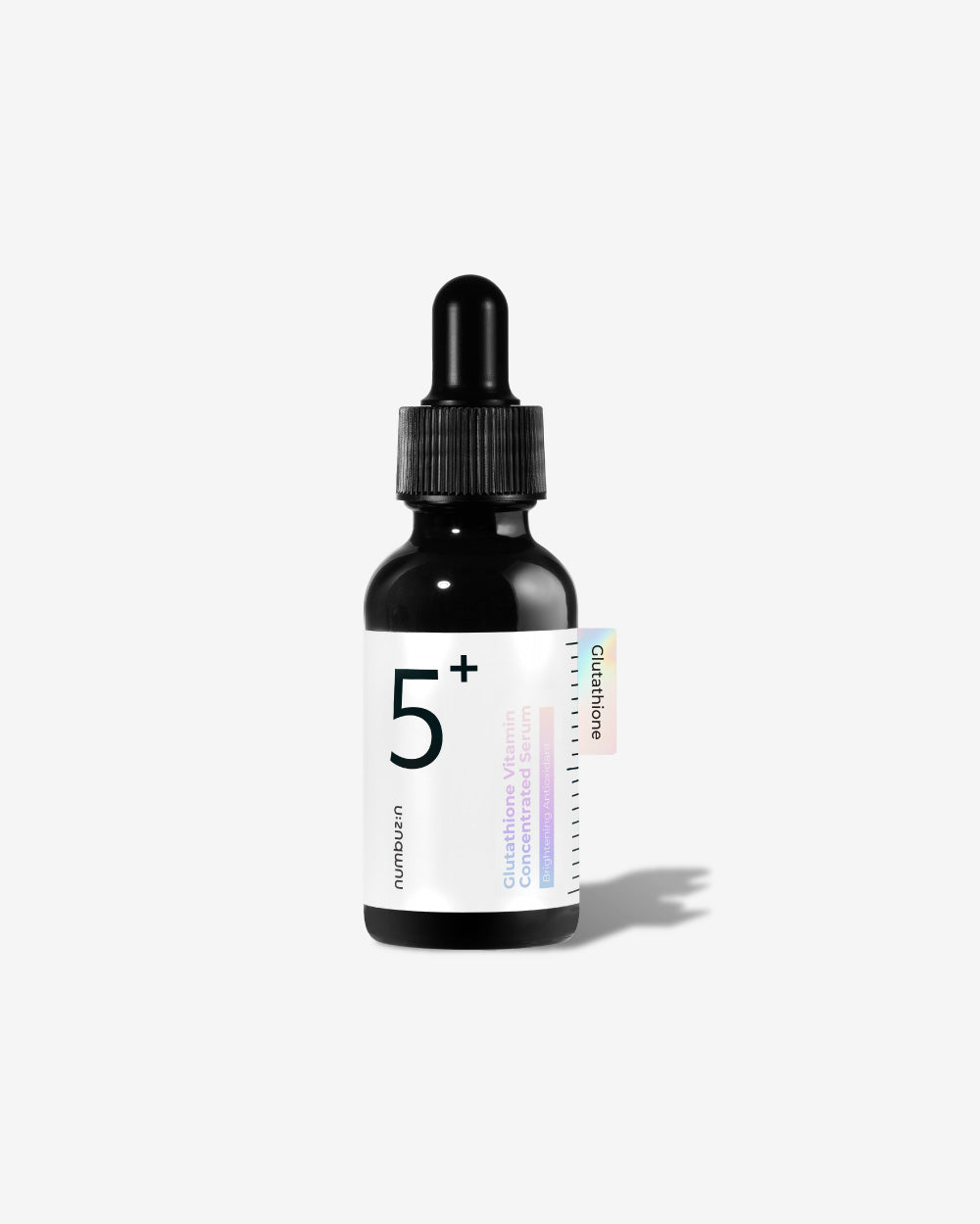 Numbuzin No.5+ Glutathione Vitamin Concentrated Serum bottle with light golden formula and glow visuals