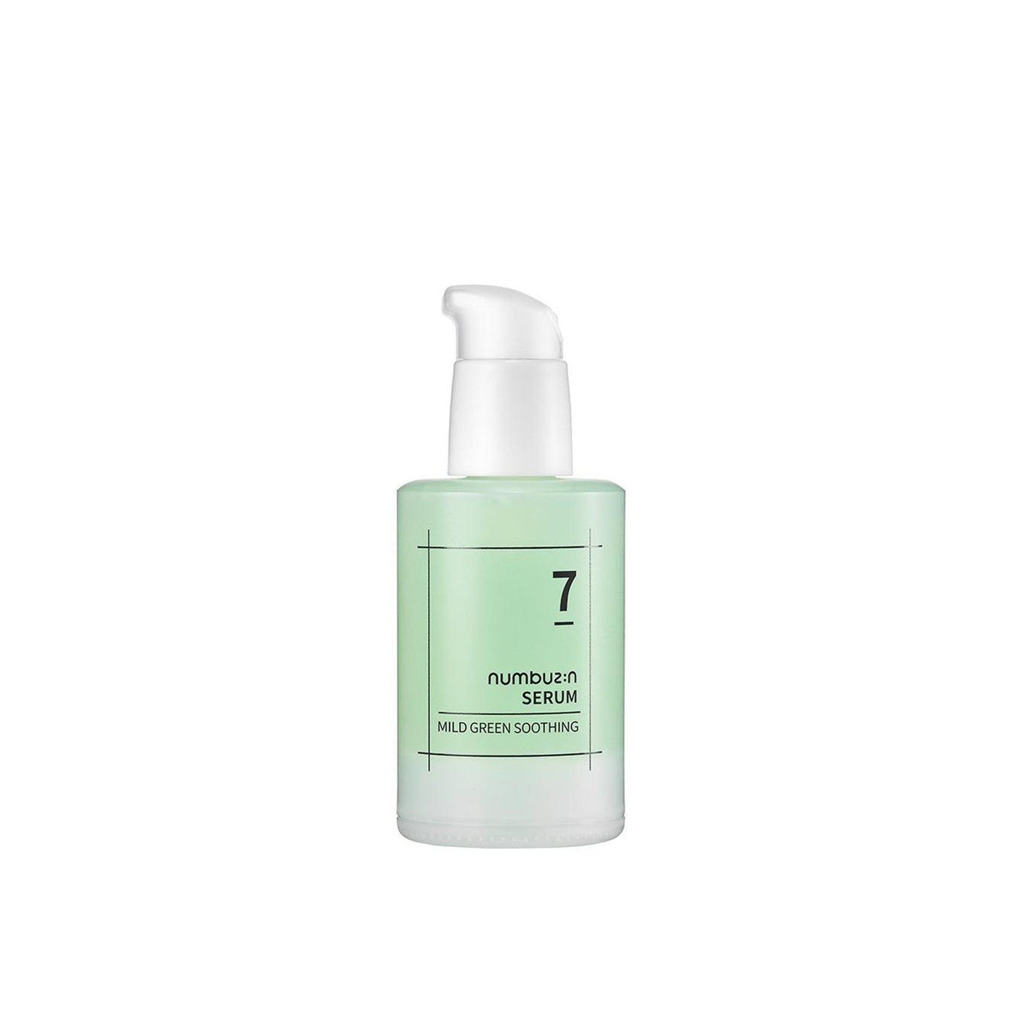 Bottle of Numbuzin No.7 Mild Green Soothing Serum with clear gel texture and green botanical visuals