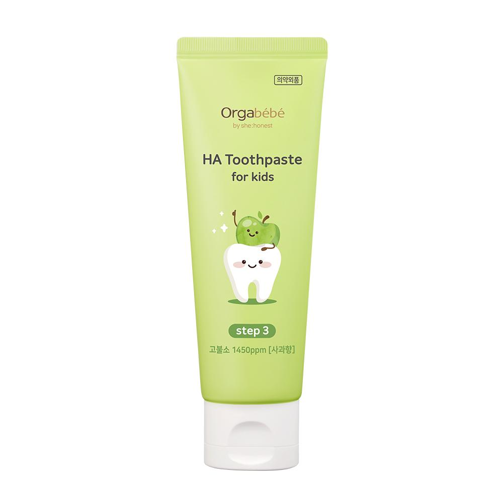 Step 3 Orgabebe toothpaste with 1450 ppm fluoride and hydroxyapatite for enamel strengthening and cavity protection in kids