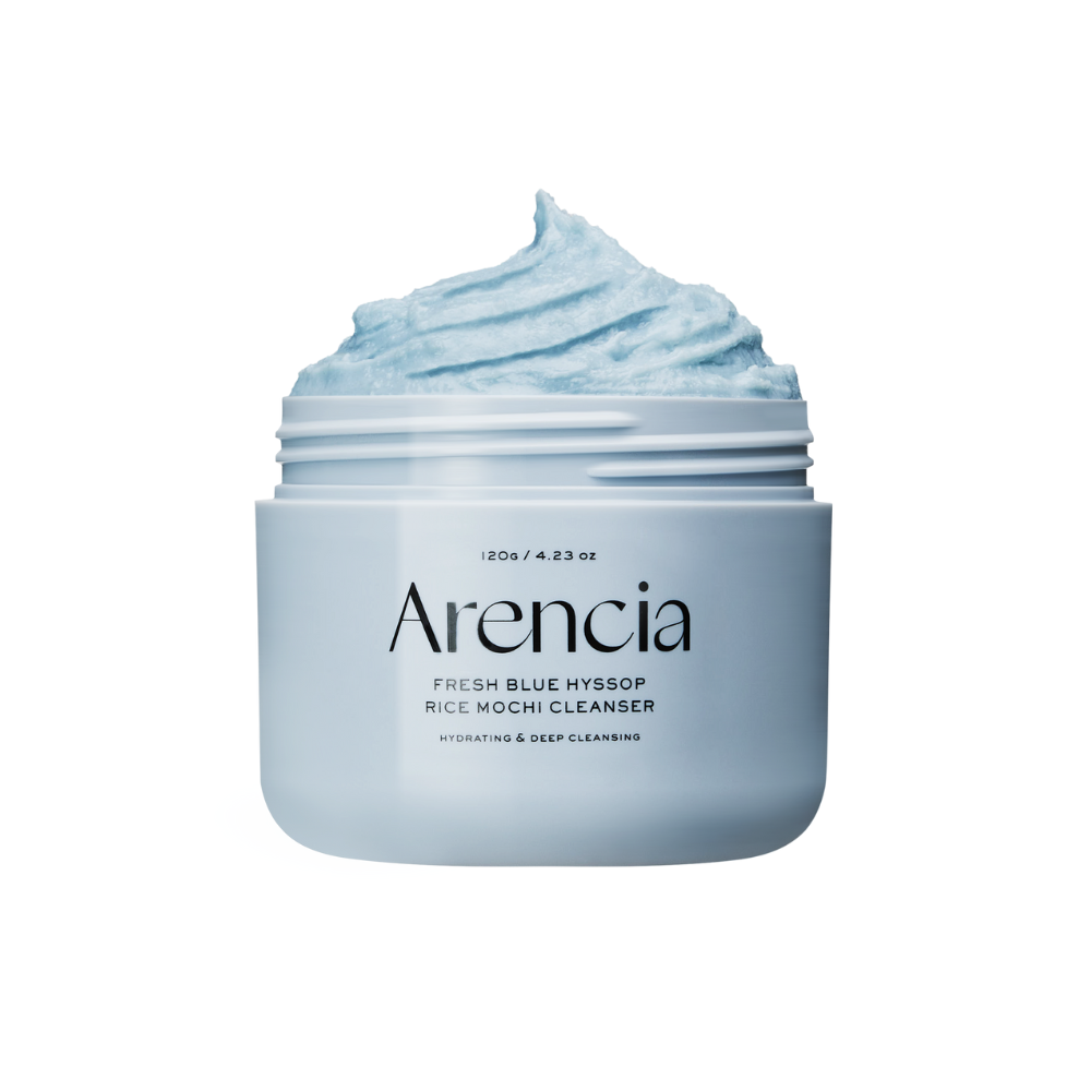 Arencia Blue Hyssop+ Rice Mochi Cleanser 120g deep cleansing facial cleanser with French Hyssop Extract, Rice Powder, and Kaolin Clay for oily and combination skin
