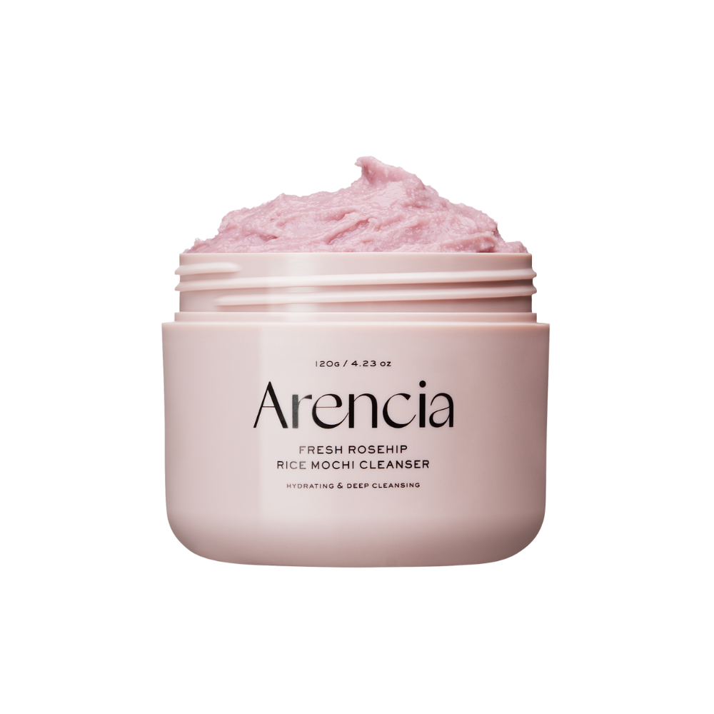 Arencia Fresh Rosehip Rice Mochi Cleanser 120g nourishing rice mochi facial cleanser with rosehip extract, pink aloe vera, and blue chamomile for soft balanced skin