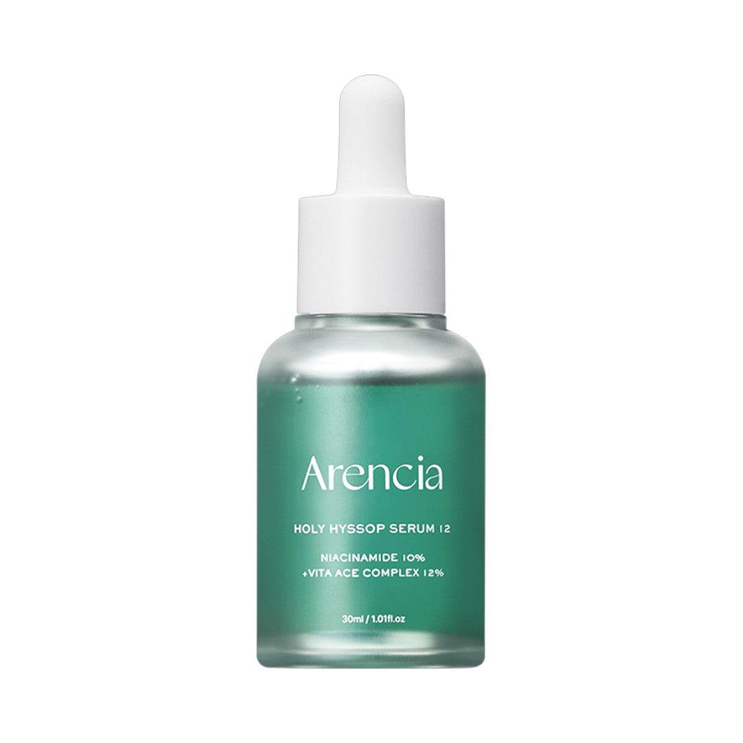 Arencia Holy Hyssop Serum 12 30ml brightening serum with 12% Vita ACE Complex, French Hyssop Extract, Niacinamide, Arbutin, Kojic Acid, Ceramide NP, and Peptides for radiant healthy-looking skin