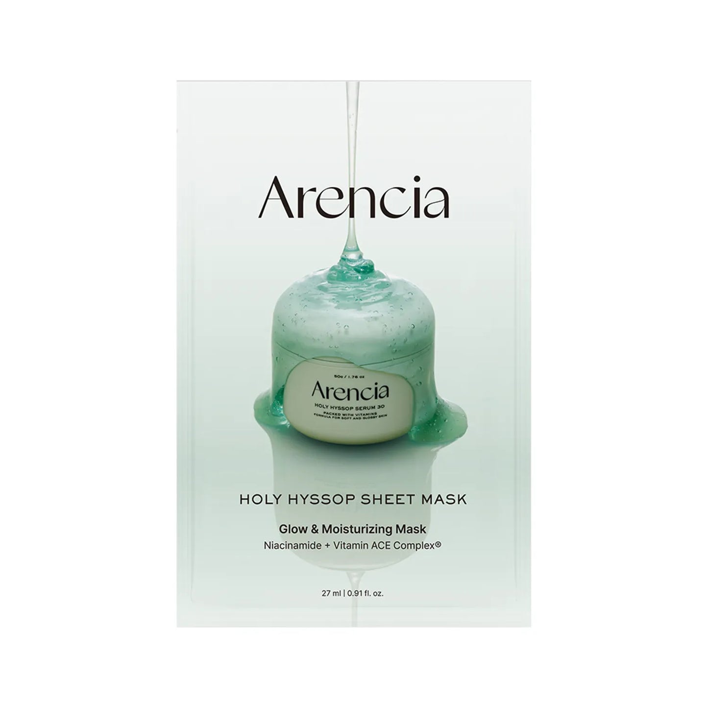 Arencia Holy Hyssop Sheet Mask 5EA hydrating and brightening sheet mask with French Hyssop Extract, niacinamide, ceramides, and hyaluronic acid for radiant skin