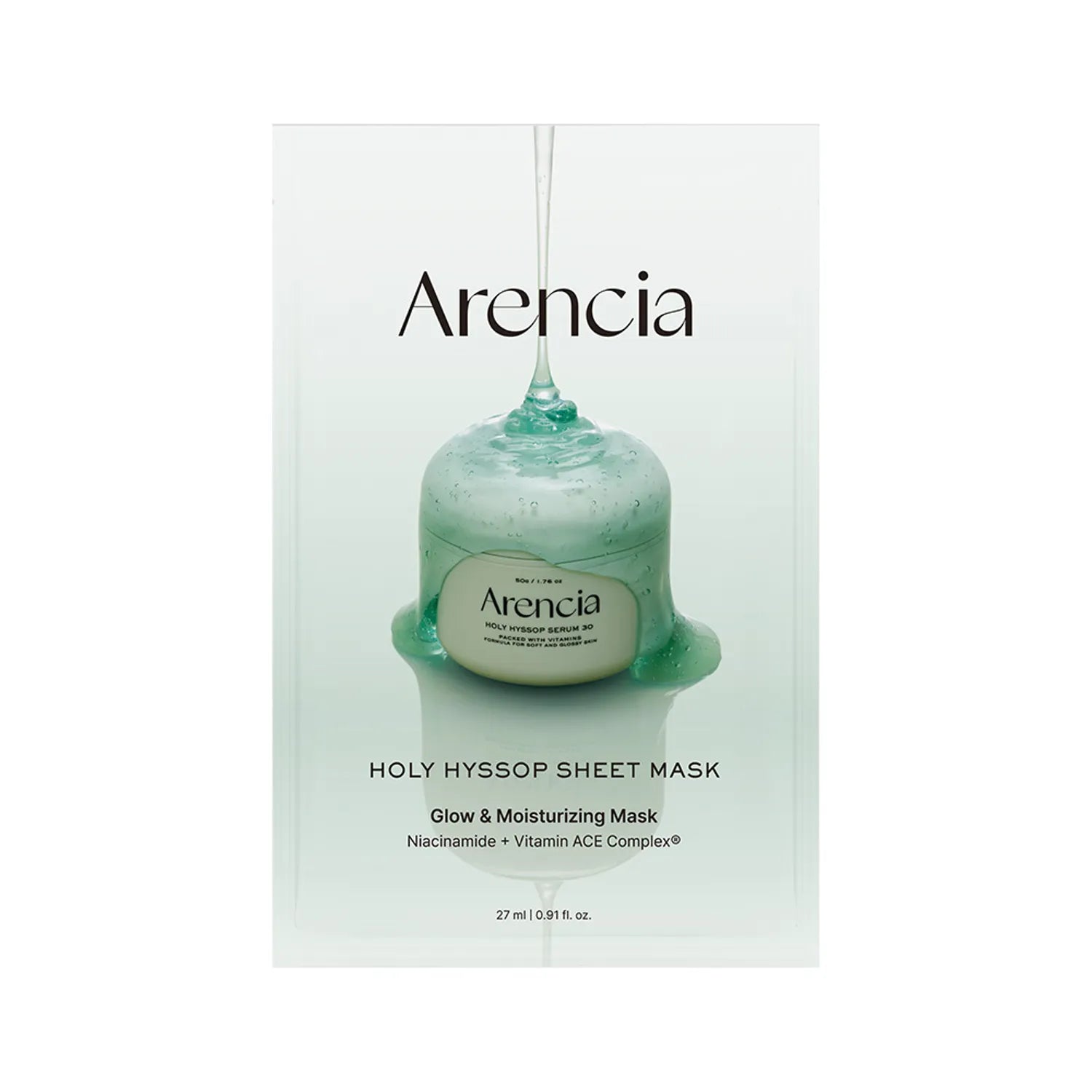 Arencia Holy Hyssop Sheet Mask 5EA hydrating and brightening sheet mask with French Hyssop Extract, niacinamide, ceramides, and hyaluronic acid for radiant skin