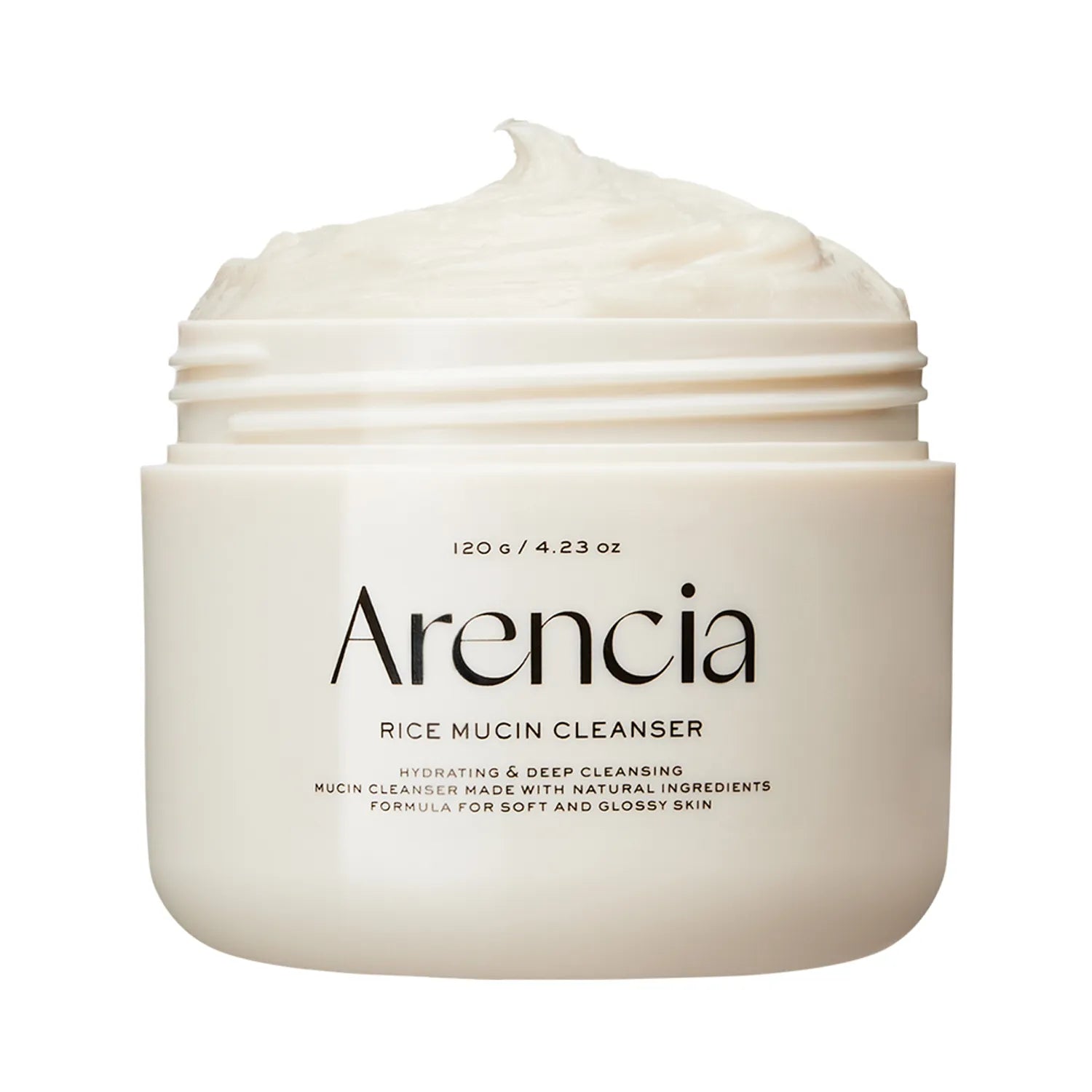 Arencia Rice Mucin Cleanser 120g hydrating rice mochi facial cleanser with rice water, rice powder, snail secretion filtrate, and cocoa seed extract for soft refreshed skin