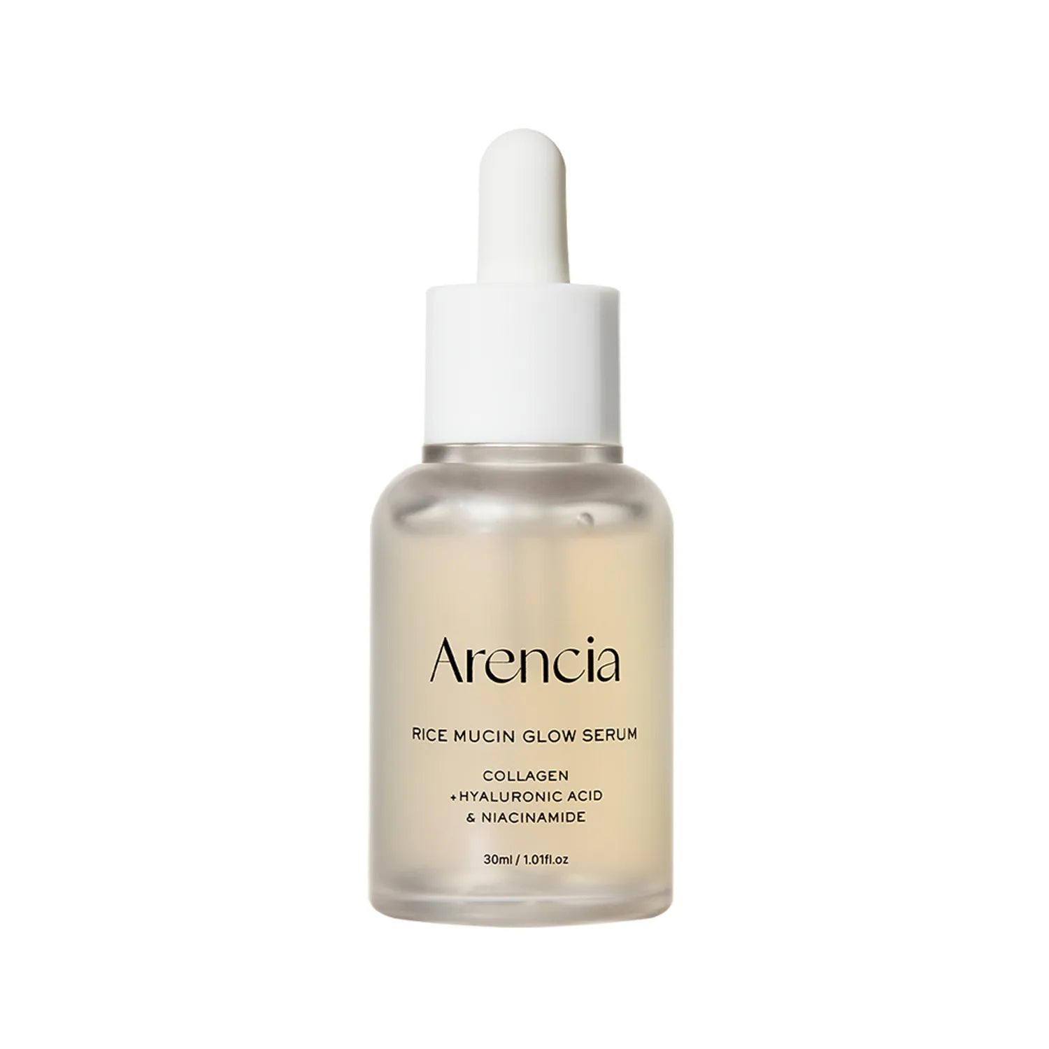 Arencia Rice Mucin Glow Serum 30ml brightening hydrating serum with rice ferment, niacinamide, collagen, and hyaluronic acid for radiant healthy-looking skin