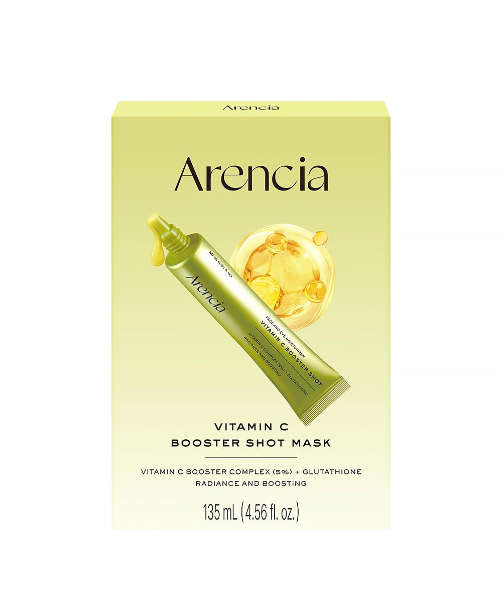 Arencia Vitamin C Booster Shot Mask 27ml × 5EA brightening sheet mask with Vitamin C Complex, Niacinamide, and Glutathione for radiant, even-looking skin.