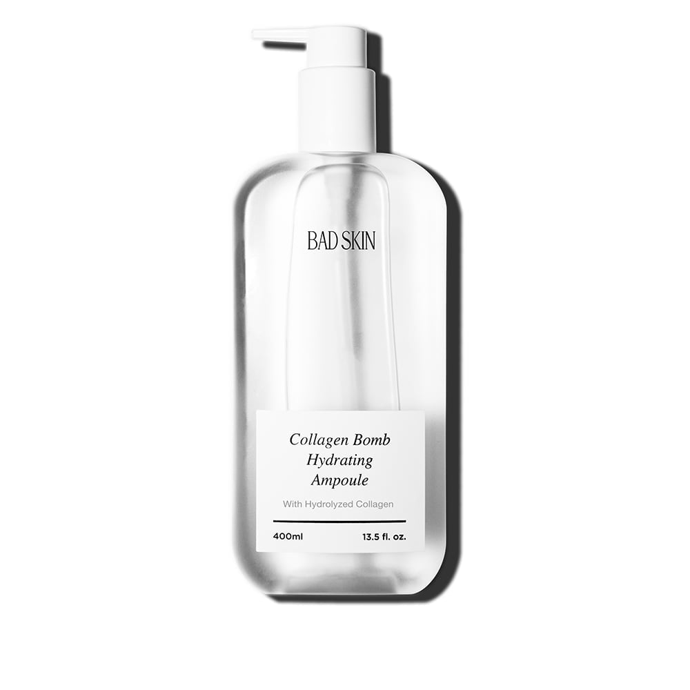 Bottle of Bad Skin Collagen Bomb Hydrating Ampoule showing watery clear texture and packaging