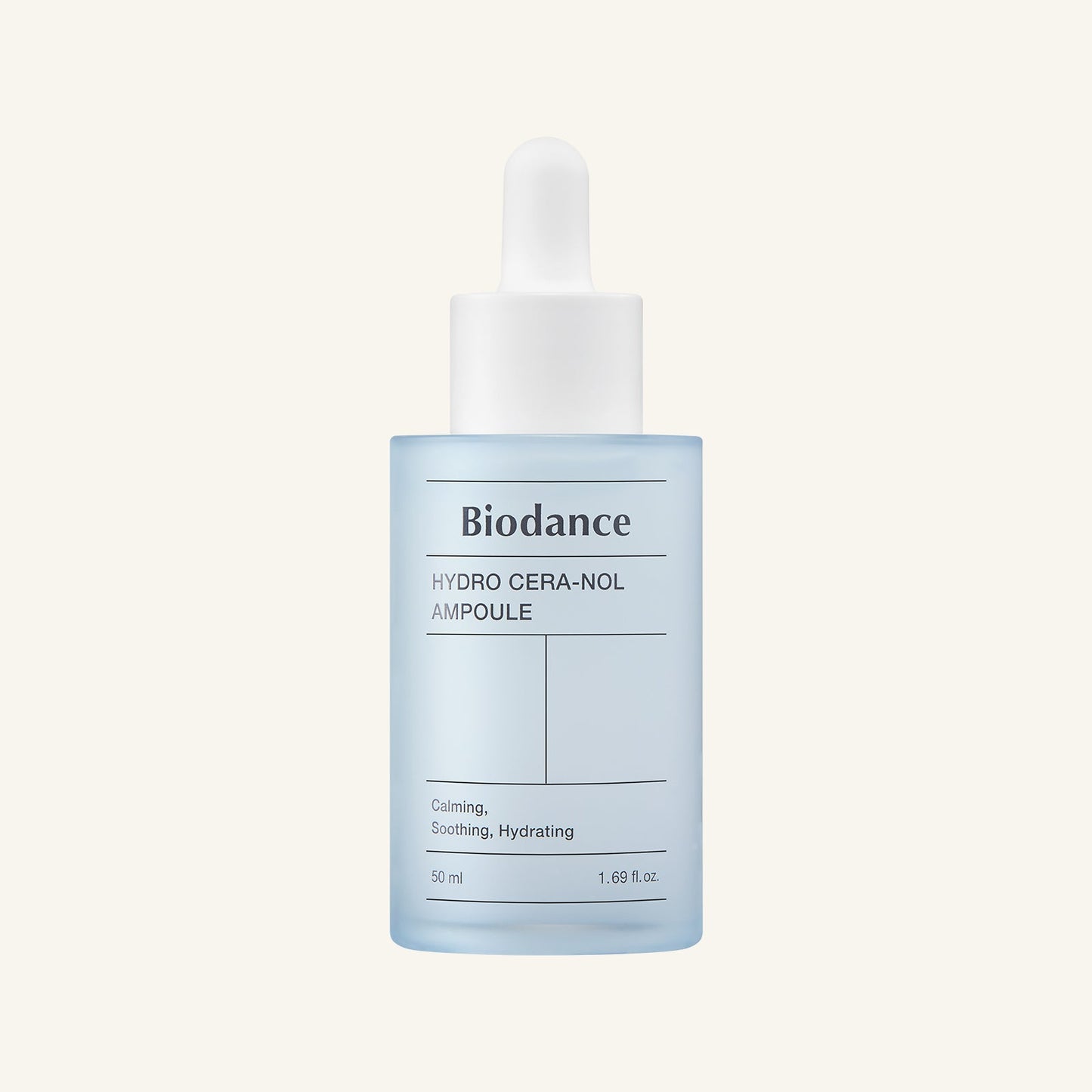 Biodance Hydro Cera‑nol Ampoule 50ml translucent white bottle with dropper on soft background