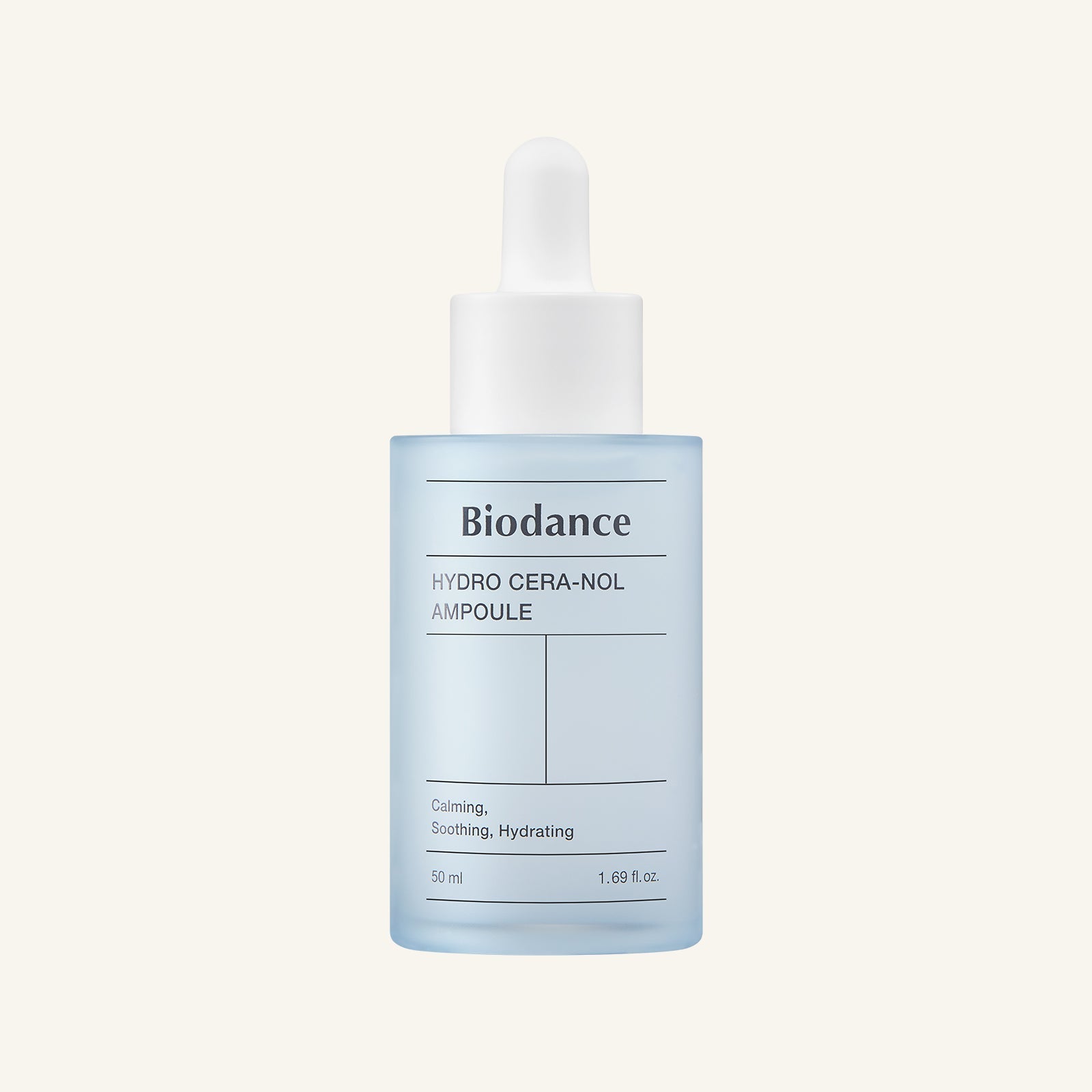 Biodance Hydro Cera‑nol Ampoule 50ml translucent white bottle with dropper on soft background