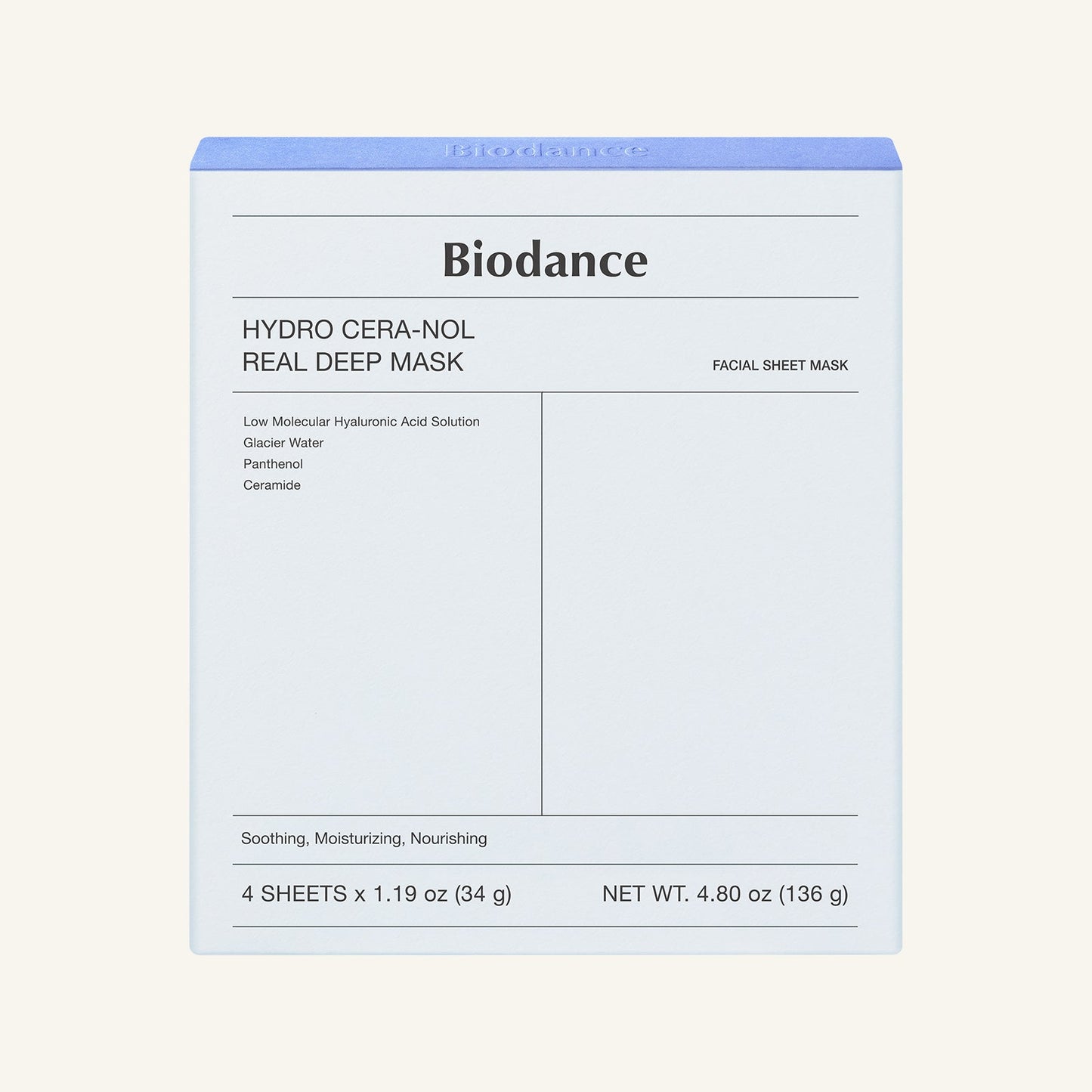 Biodance Hydro Cera‑nol Real Deep Mask 4‑sheet pack in blue hydrogel packaging