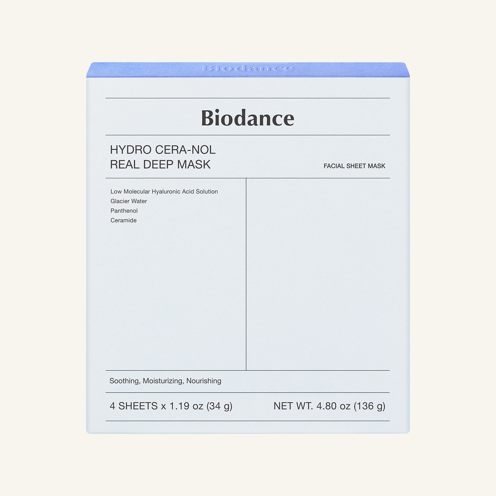 Biodance Hydro Cera‑nol Real Deep Mask 4‑sheet pack in blue hydrogel packaging