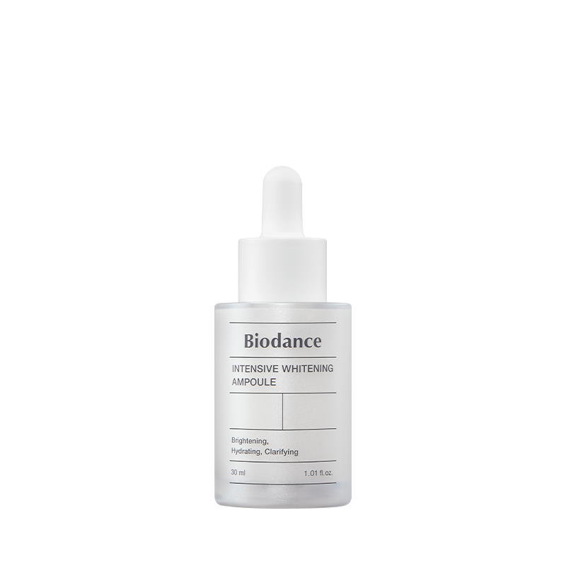 Biodance Intensive Whitening Ampoule 50ml white dropper bottle on soft background