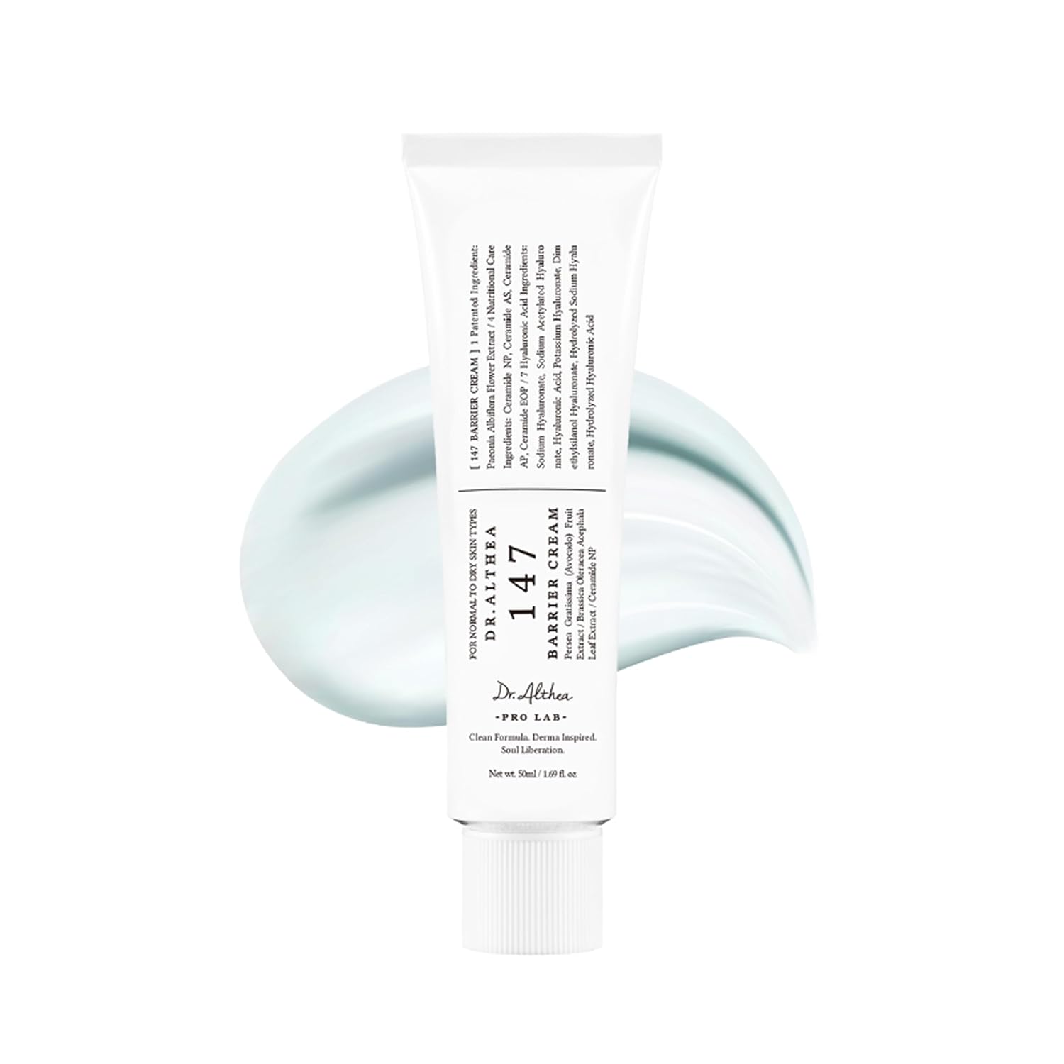Dr Althea 147 Barrier Cream 50ml white tube with soft blue gel-cream swatch
