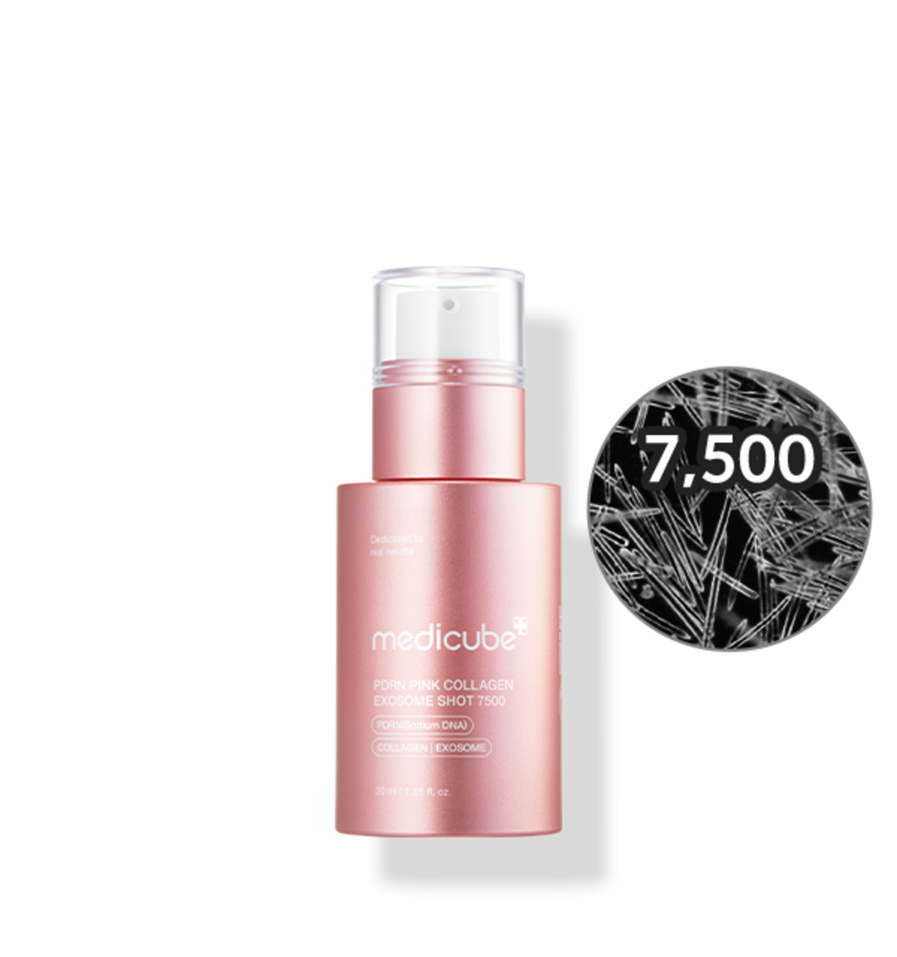 Dropper bottle of Medicube PDRN Pink Exosome Shot Serum 7500 with pink lightweight serum