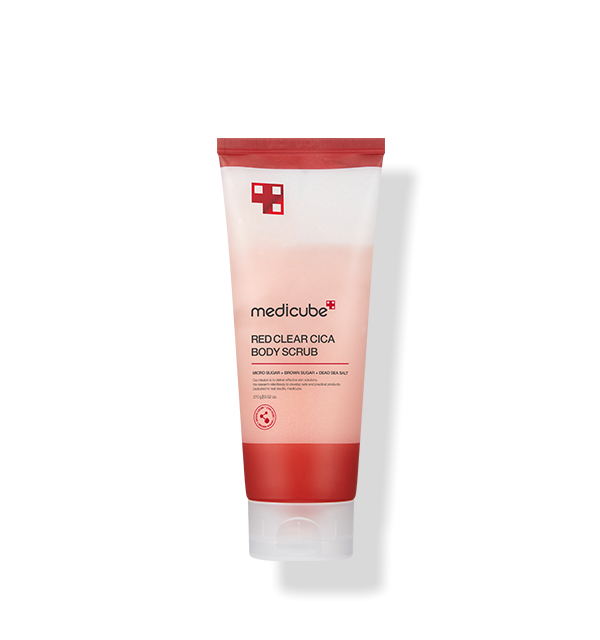 Medicube Red Clear Cica Body Scrub jar with red micro capsule particles