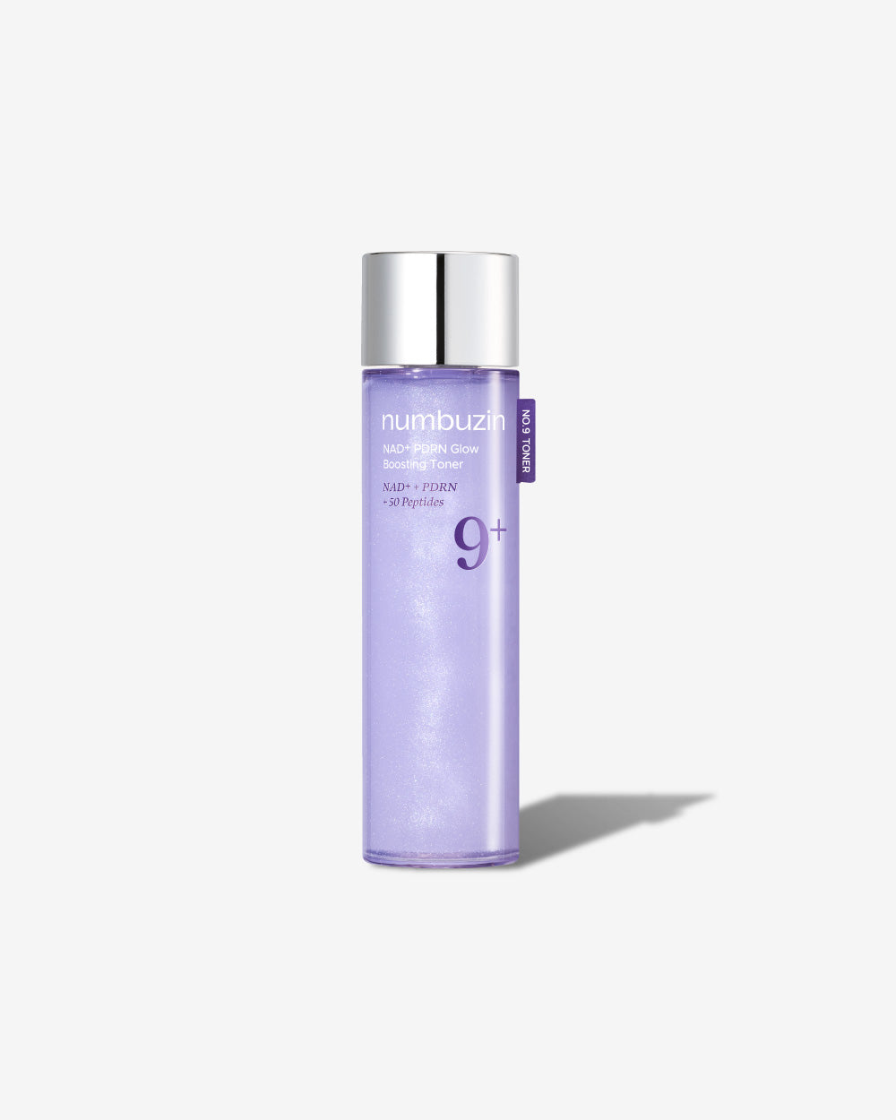 No.9 NAD+ PDRN Glow Boosting Toner bottle with violet pearlescent liquid to give glowing radiant skin impression