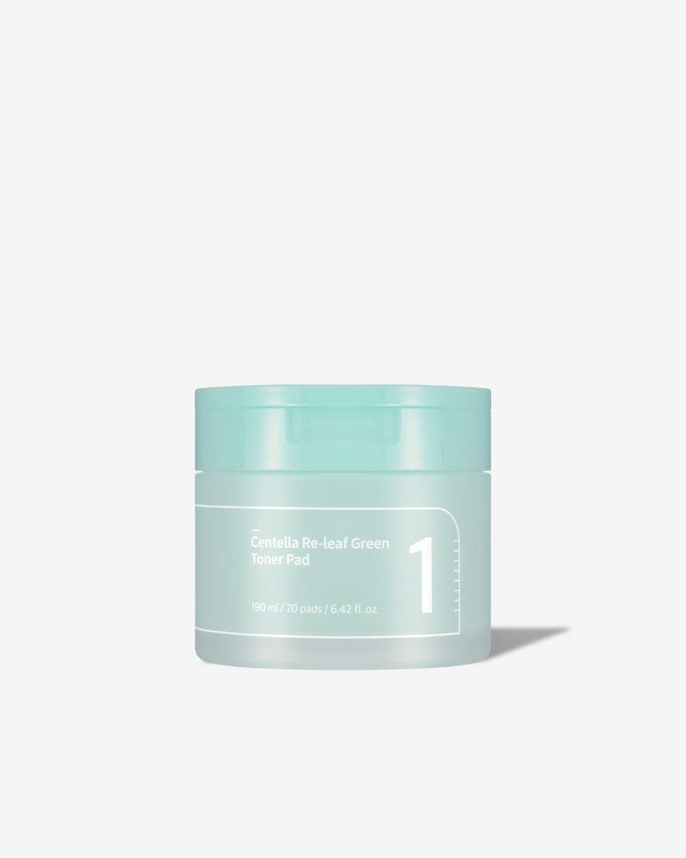 Container of Numbuzin No.1 Centella Re-Leaf Green Toner Pads showing green and white pad sides with botanical design