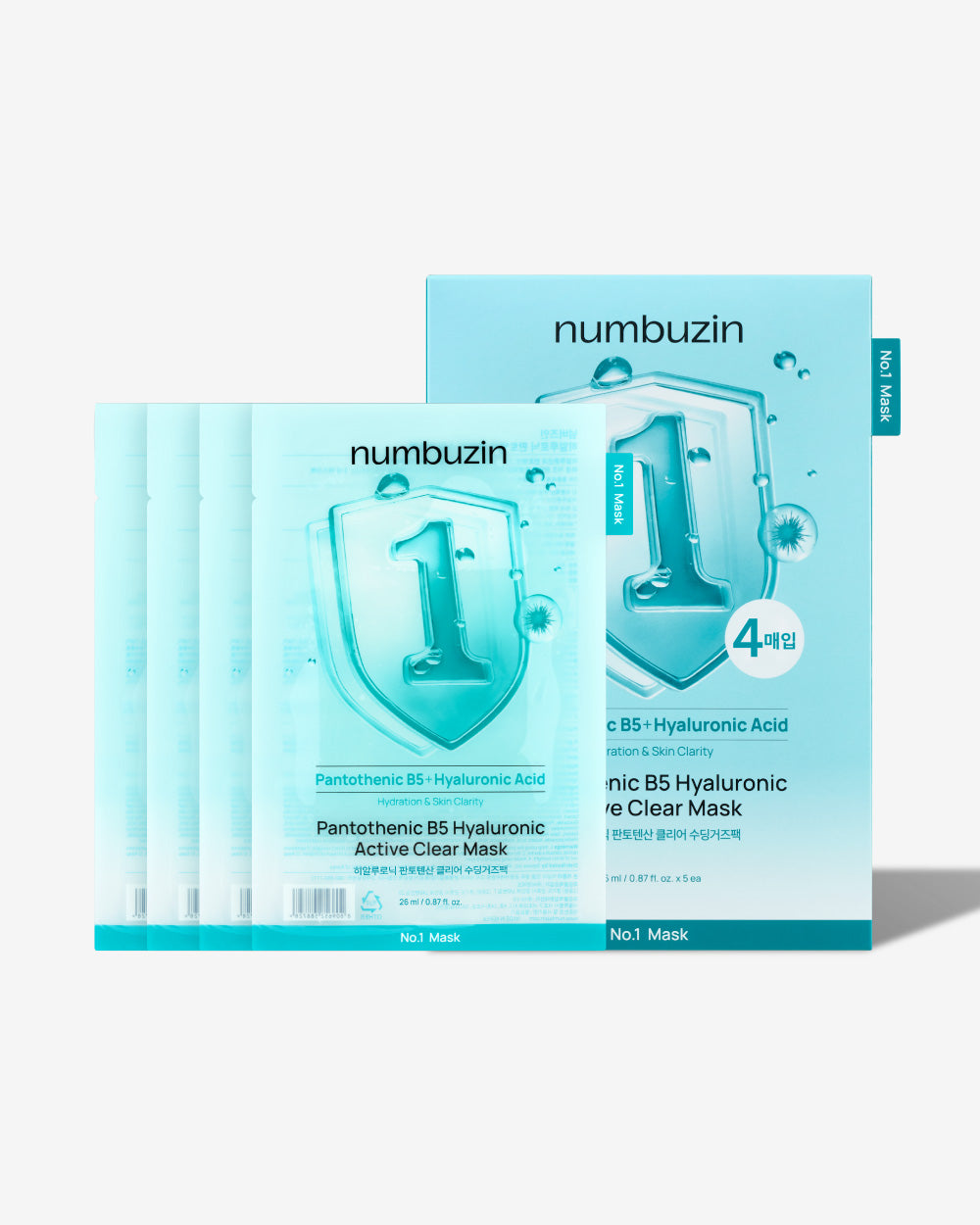 Numbuzin No.1 Pantothenic B5 Hyaluronic Active Clear Mask in aqua packaging with individual sheet mask sachets and hydrating formula