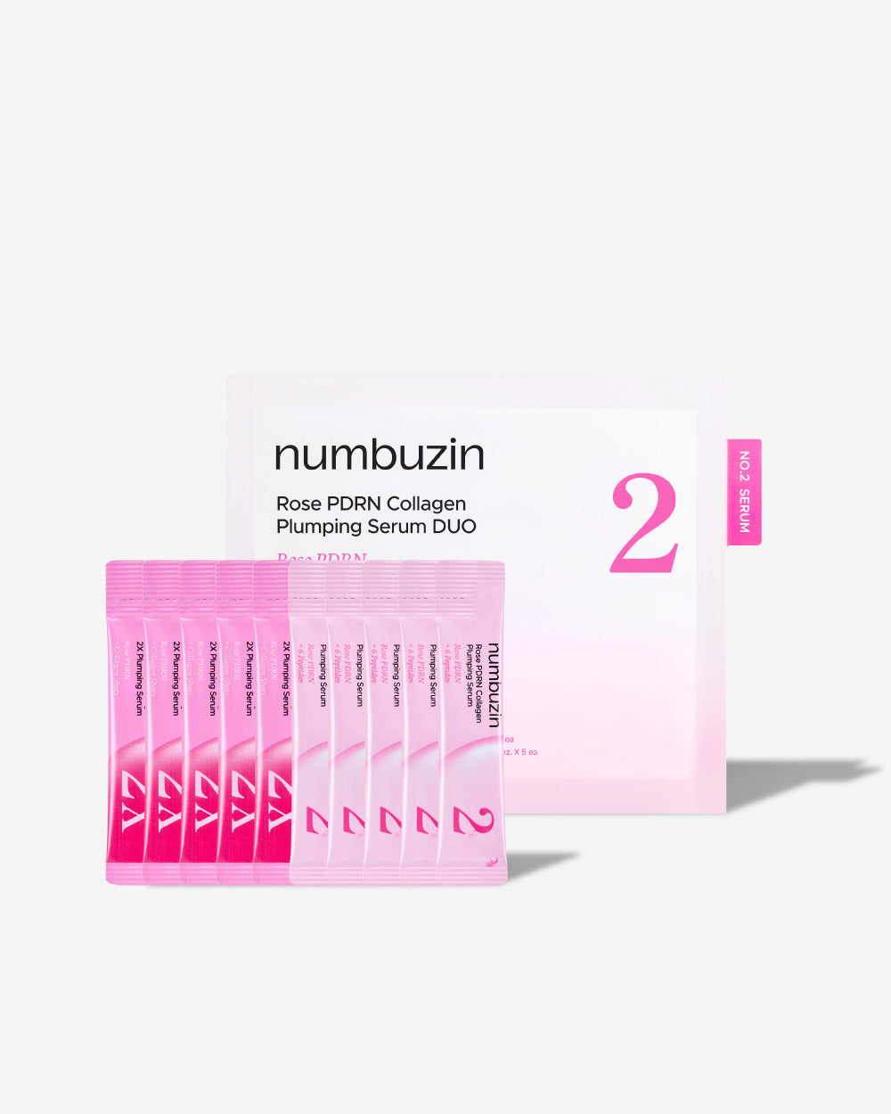 Pack of Numbuzin No.2 &amp; 2X Rose PDRN Collagen Plumping Serum mini vials in packaging