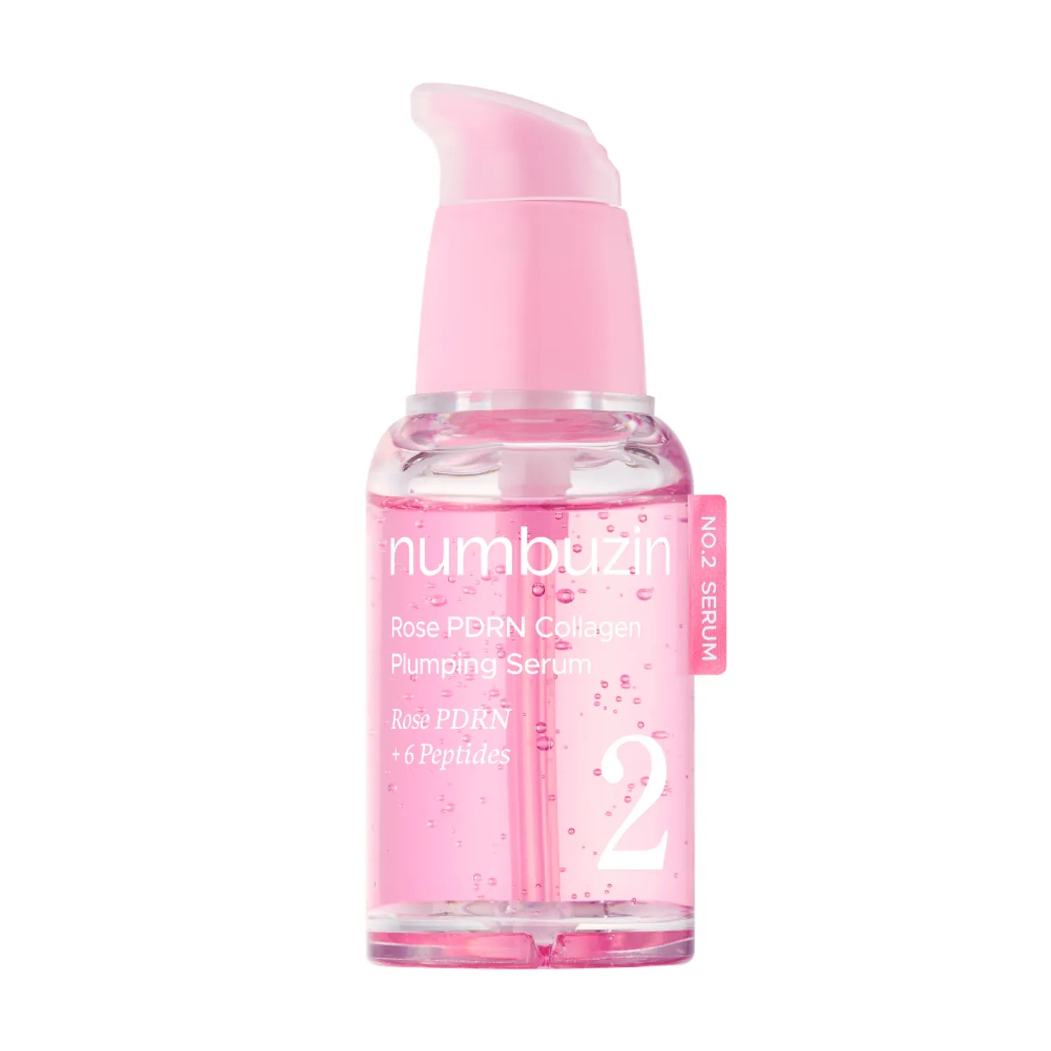 Bottle of Numbuzin No.2 Rose PDRN Collagen Plumping Serum with soft pink jelly-serum visible inside