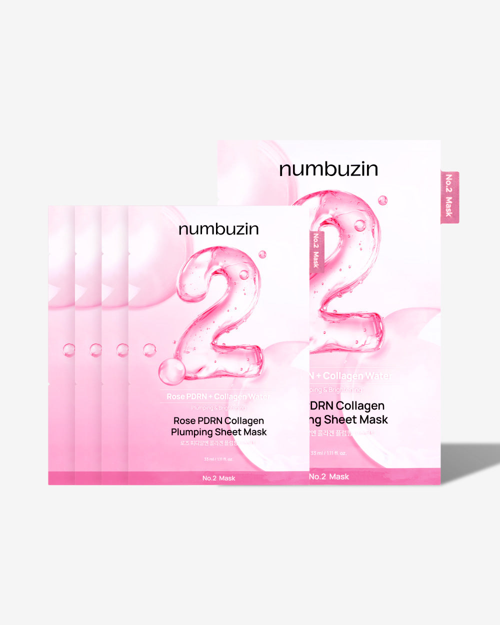 Box of Numbuzin No.2 Rose PDRN Collagen Plumping Sheet Mask with soft pink design and collagen-themed visuals