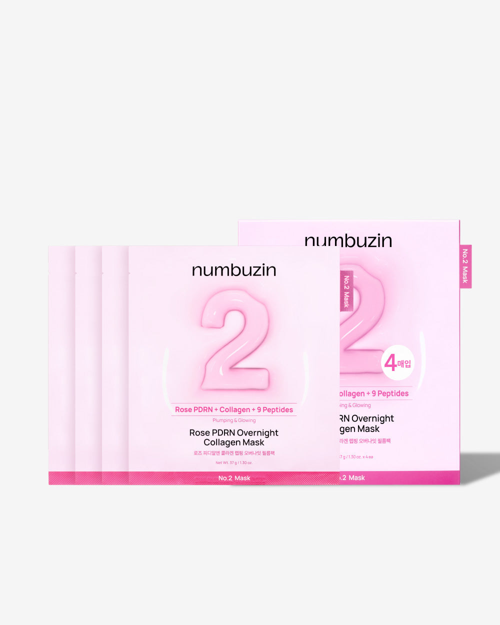 Pack of Numbuzin No.2 Rose PDRN Overnight Collagen Mask with pink gel film and clear finish