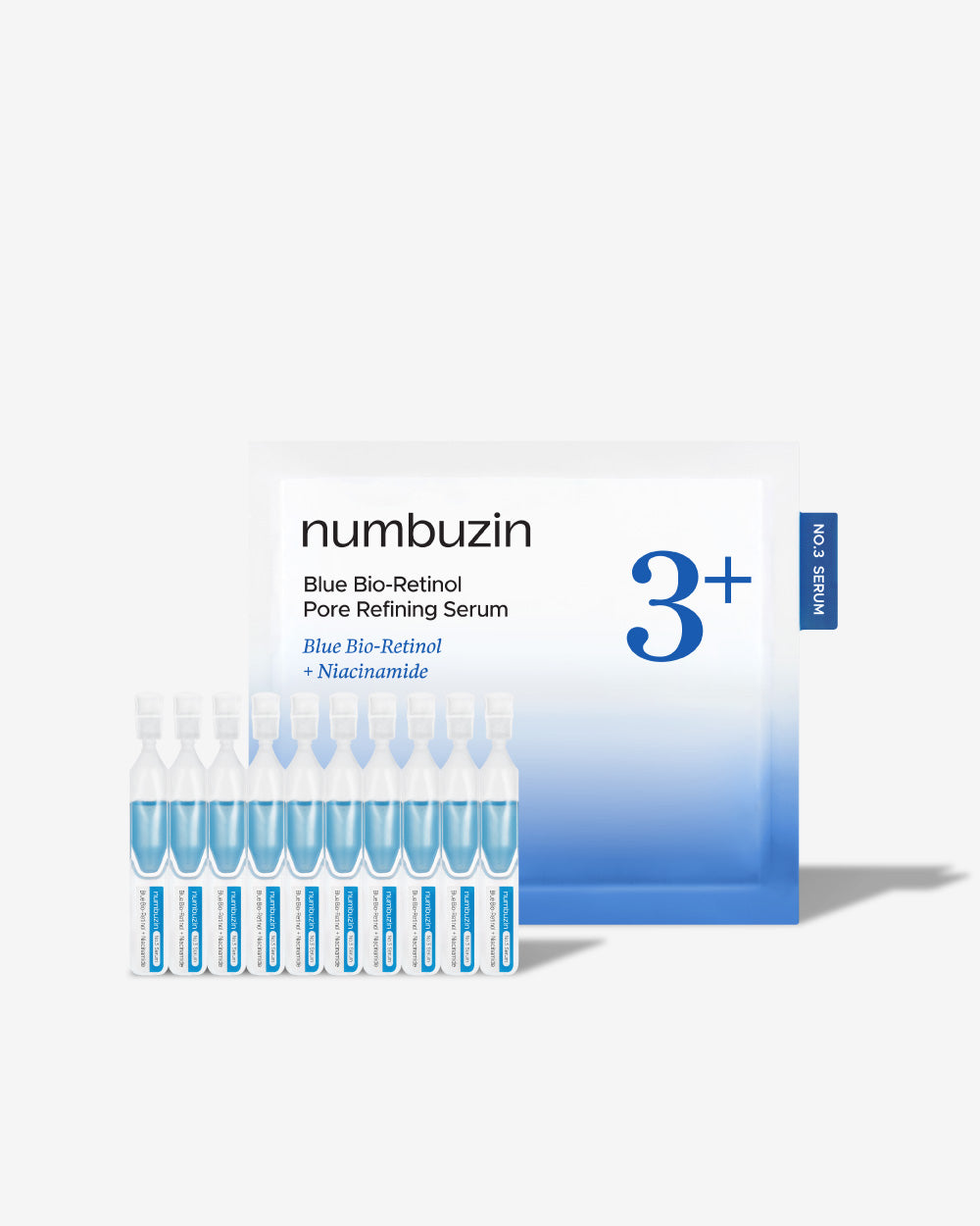 Box of Numbuzin No.3 Blue Bio-Retinol Pore Refining Serum mini kit showing ten 1.3 ml vials