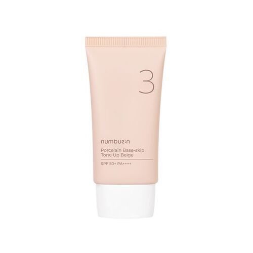 Tube of Numbuzin No.3 Porcelain Base-skip Tone Up Beige with beige tint and natural porcelain finish background