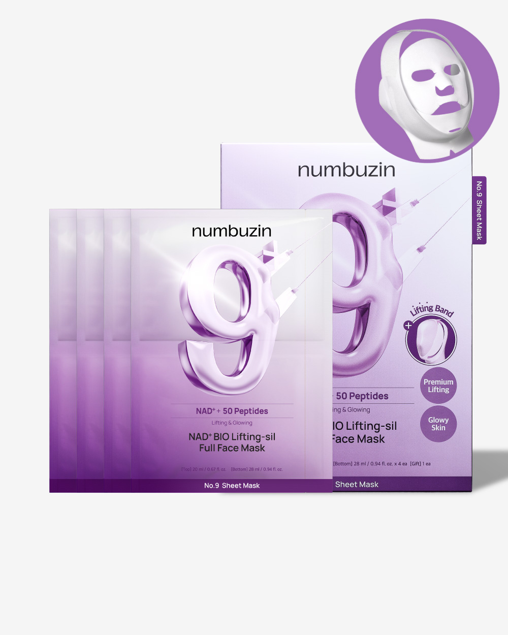 Numbuzin No.9 NAD+ Bio Lifting-sil Full Face Pack Sheet with dual mask and lifting band for contour and firmness