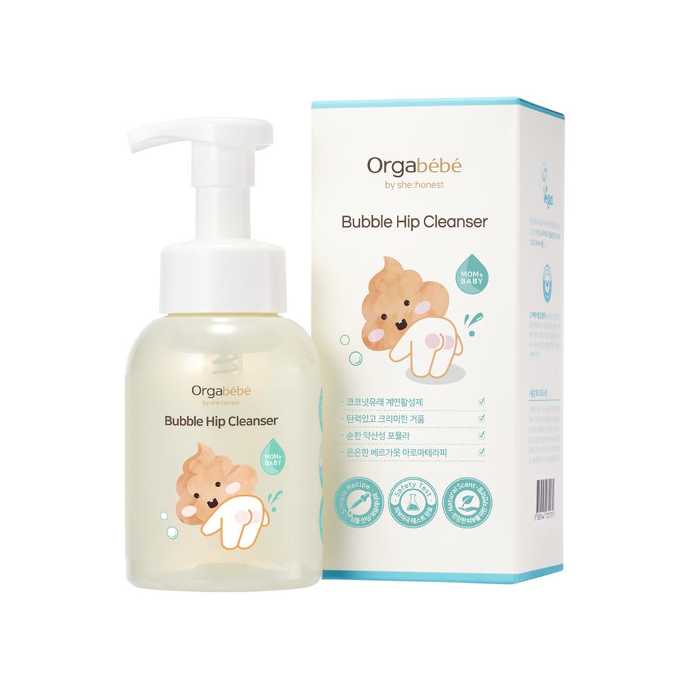 Orgabebe Bubble Hip Cleanser 300 ml bottle with gentle foam cleanser for baby hip and delicate areas, showing vegan and neutral pH icons