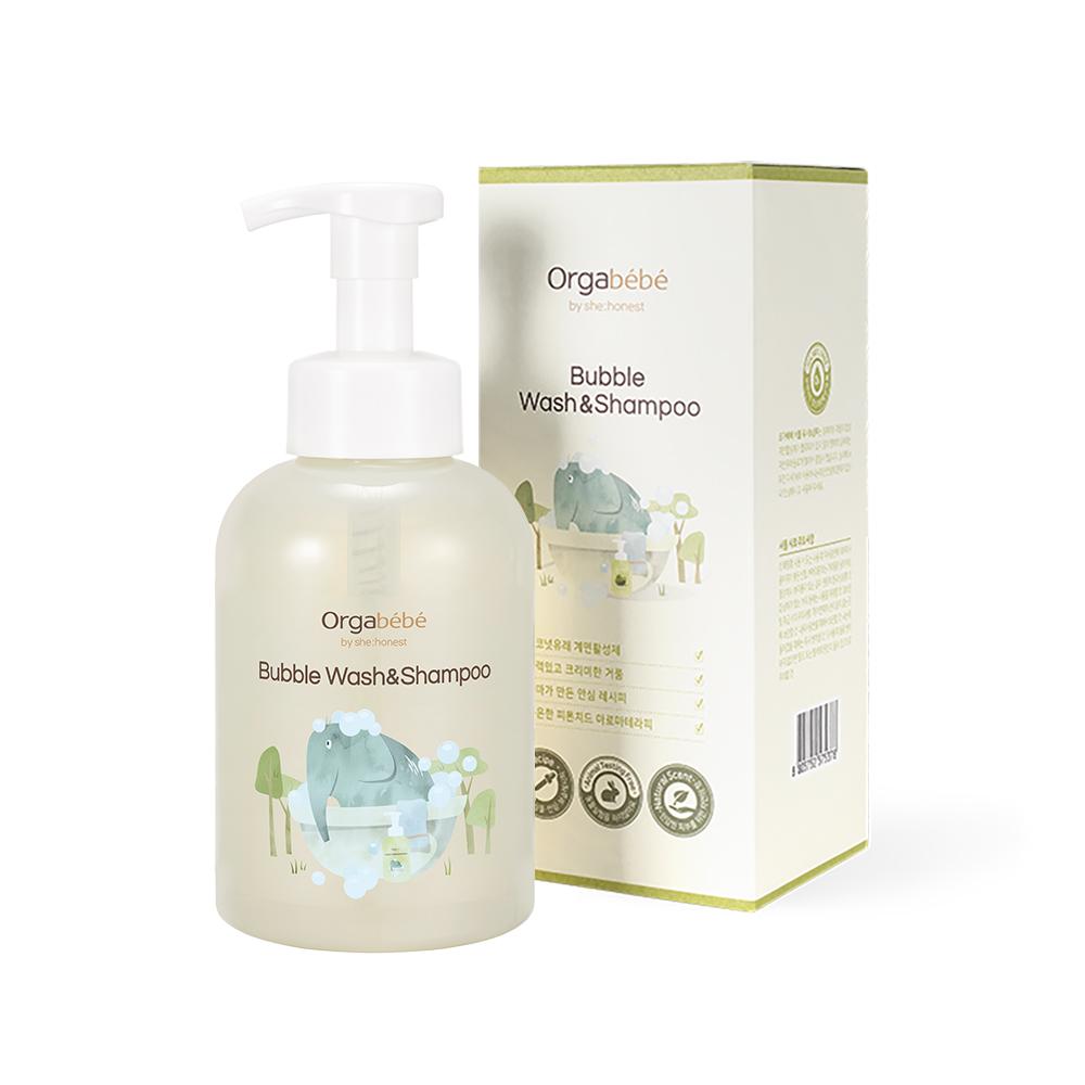 Orgabebe Bubble Wash and Shampoo 500ml bottle producing soft gentle foam for baby cleansing
